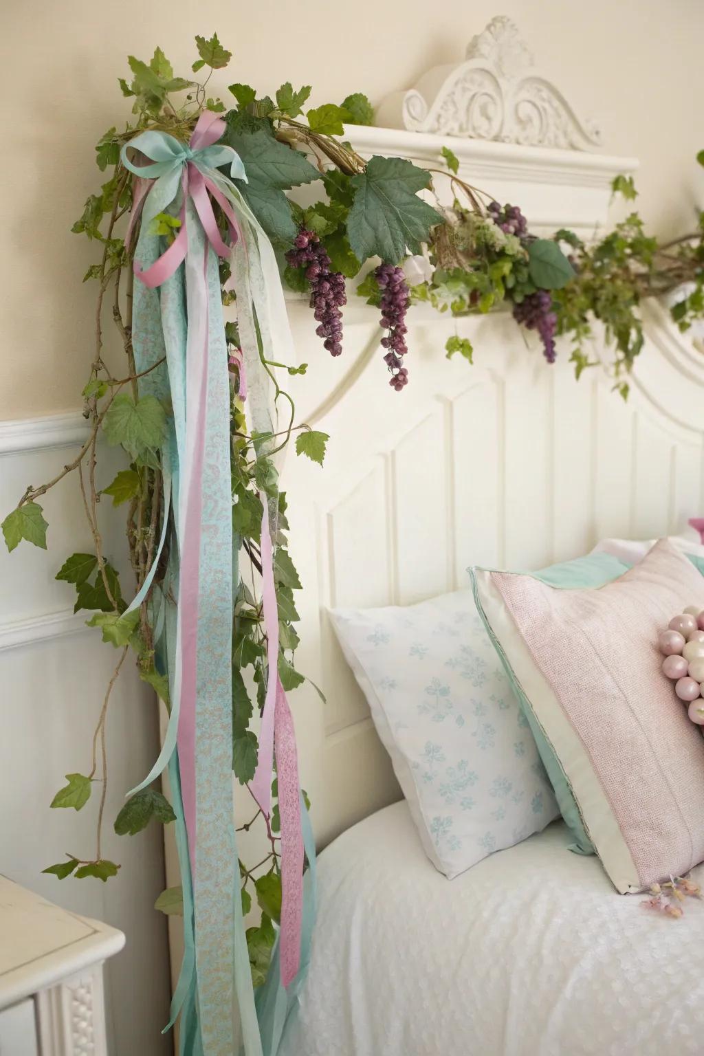 A dreamlike grapevine swag introduces romance to a bedroom.