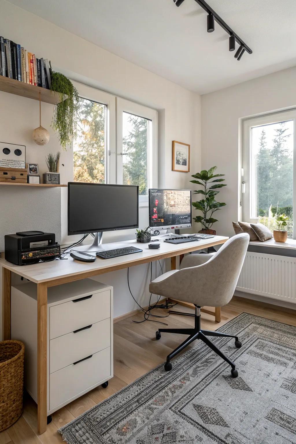 A tech-friendly layout using organized cables improves efficiency.