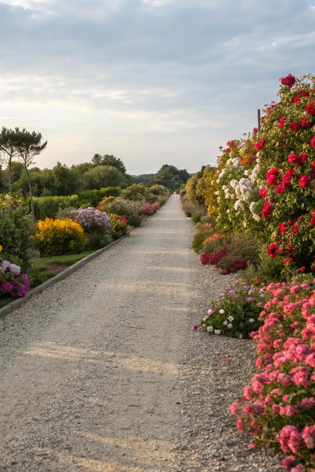 Floral havens frame this gravel pathway with color and fragrance.