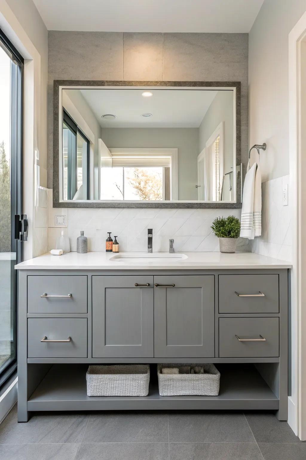 A large mirror enhances the feeling of area within this bathroom.