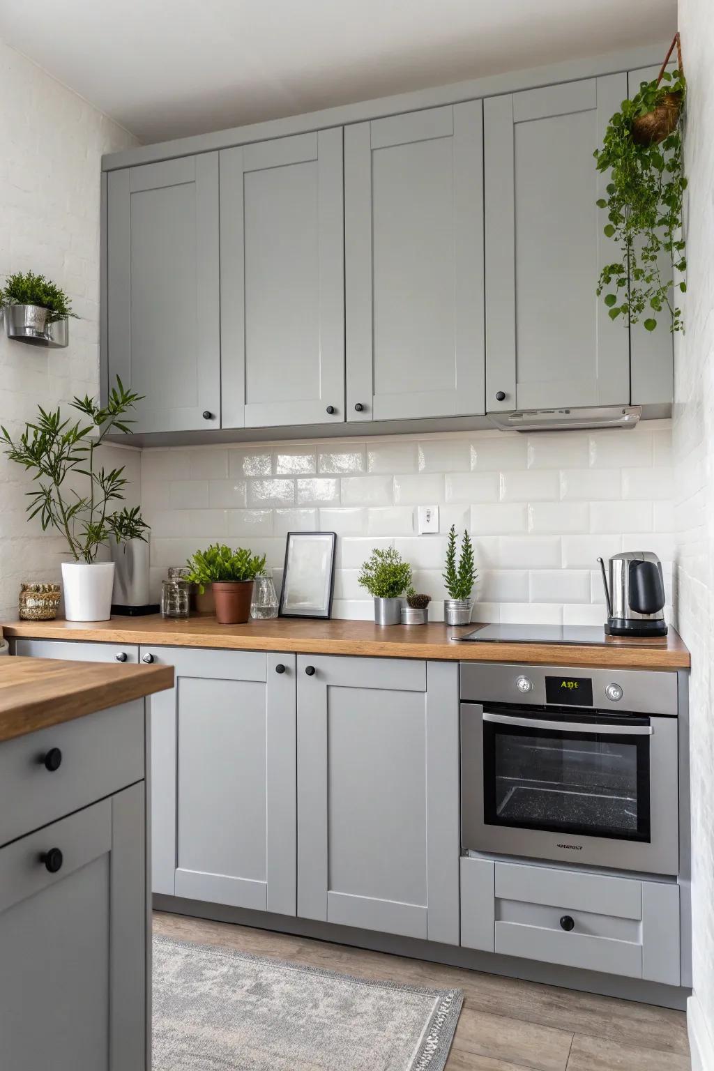 Delicate decor enhances the serene ambiance of a gray kitchen.
