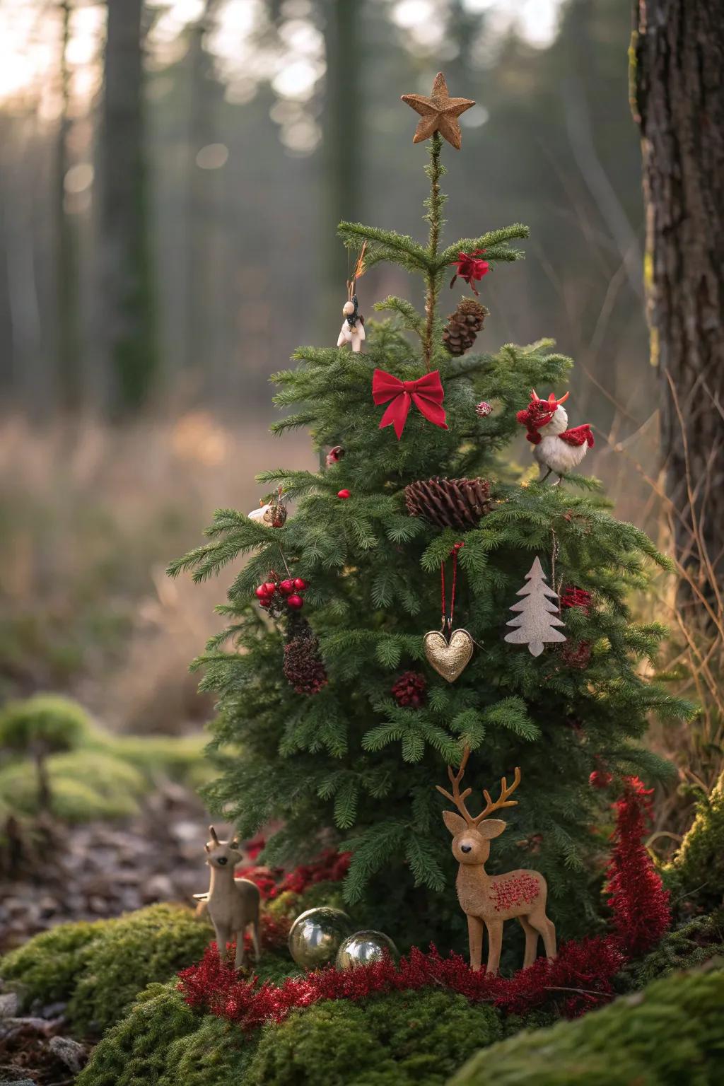 A whimsical woodland-themed Christmas tree with red and green decorations.