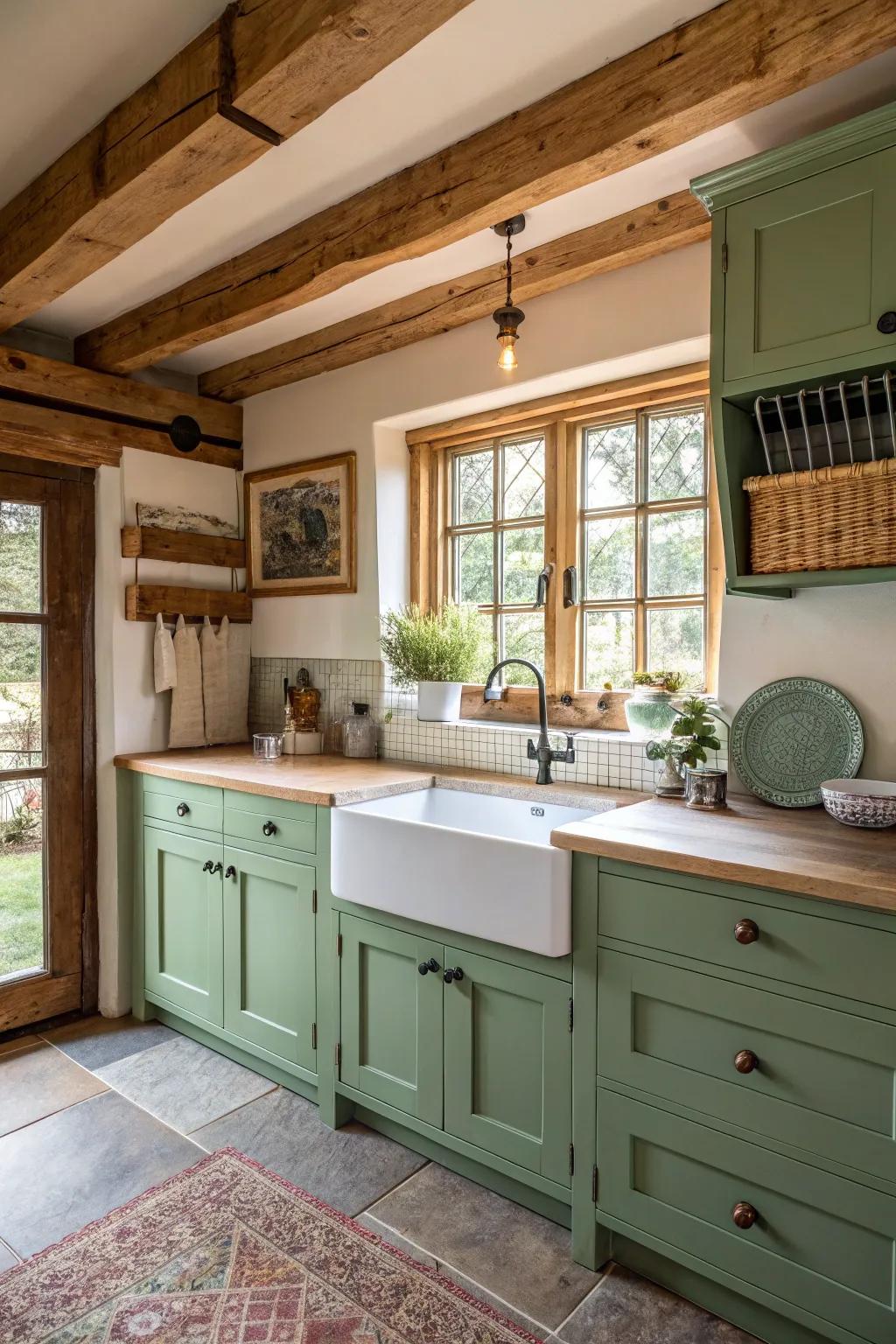 Green cabinetry coupled with farmhouse aspects develops a comfortable cooking area.