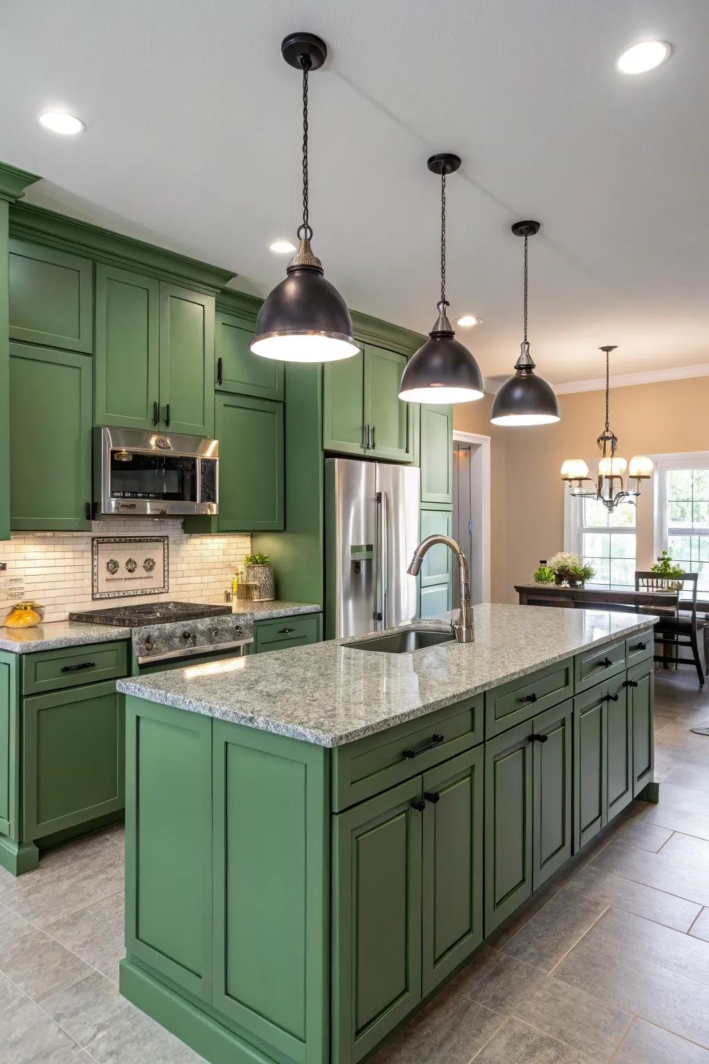 Chic hanging illumination adding a modern element to a green kitchen.