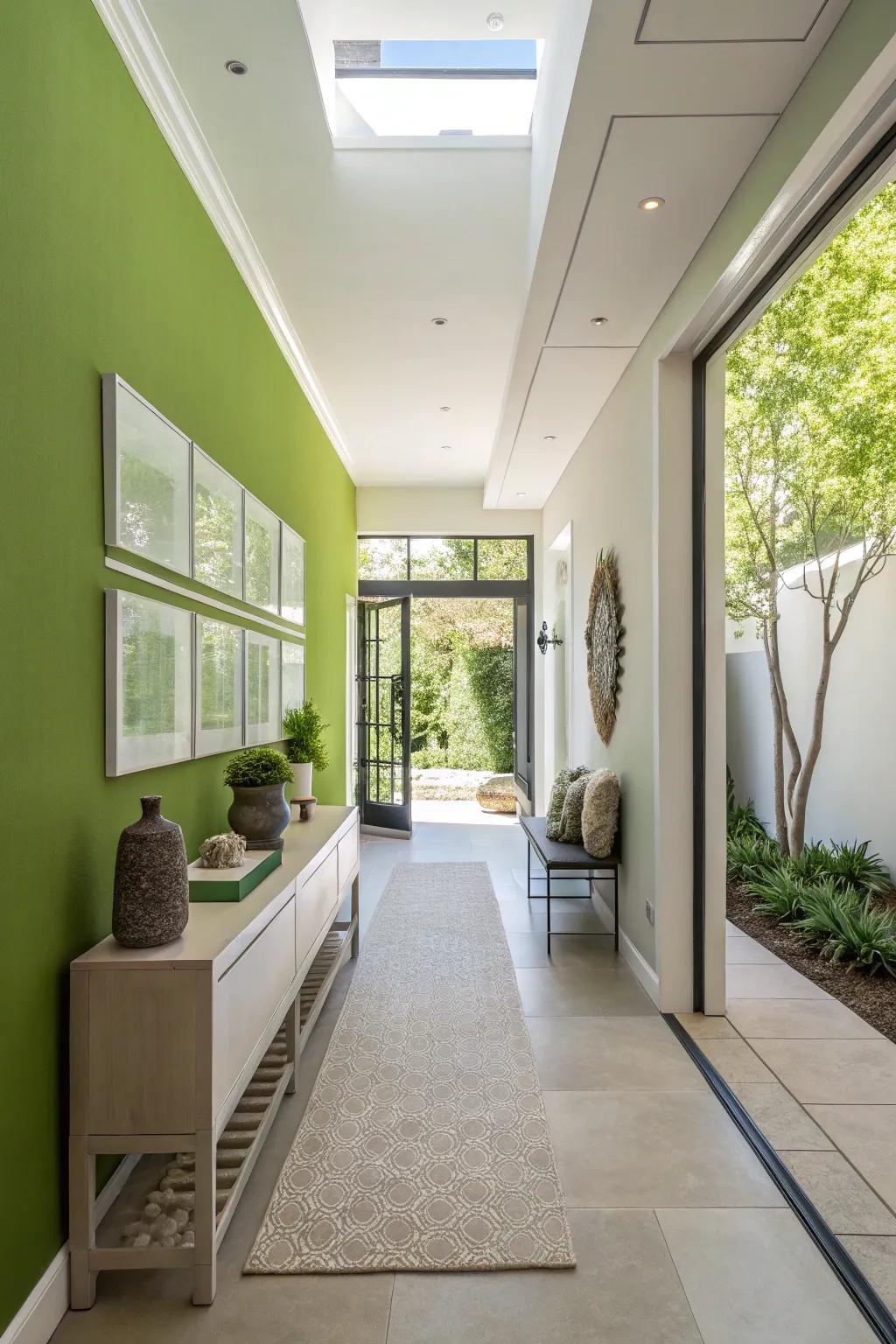 A chic and contemporary entryway featuring a lively green wall.