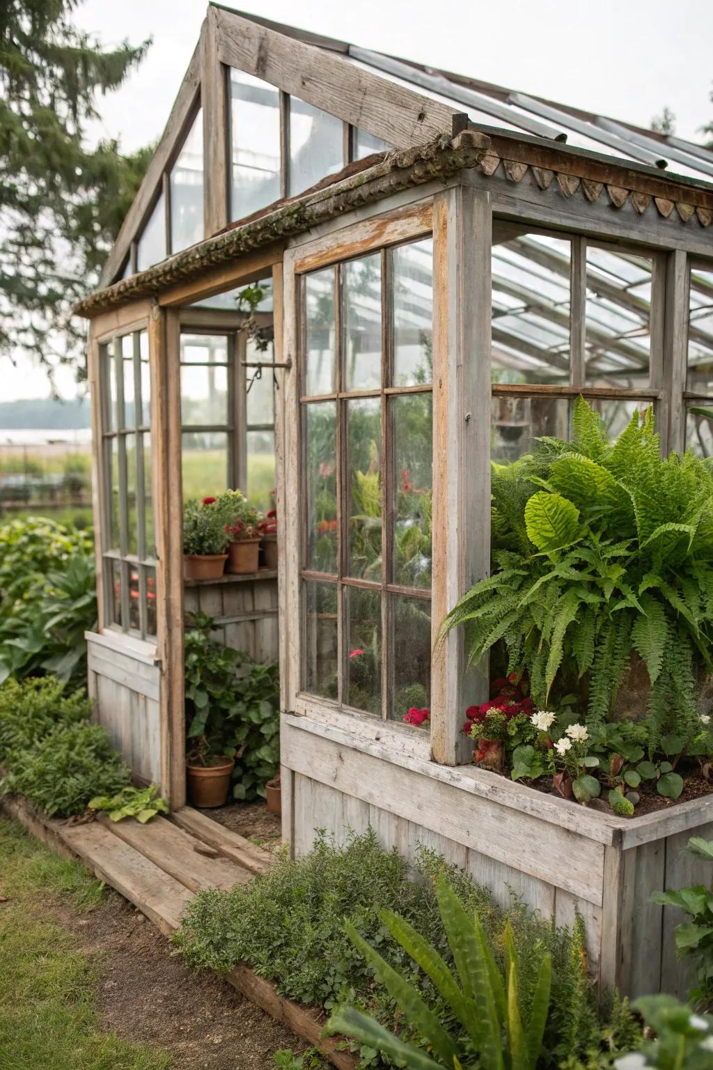 An artistic greenhouse built from recycled windows.