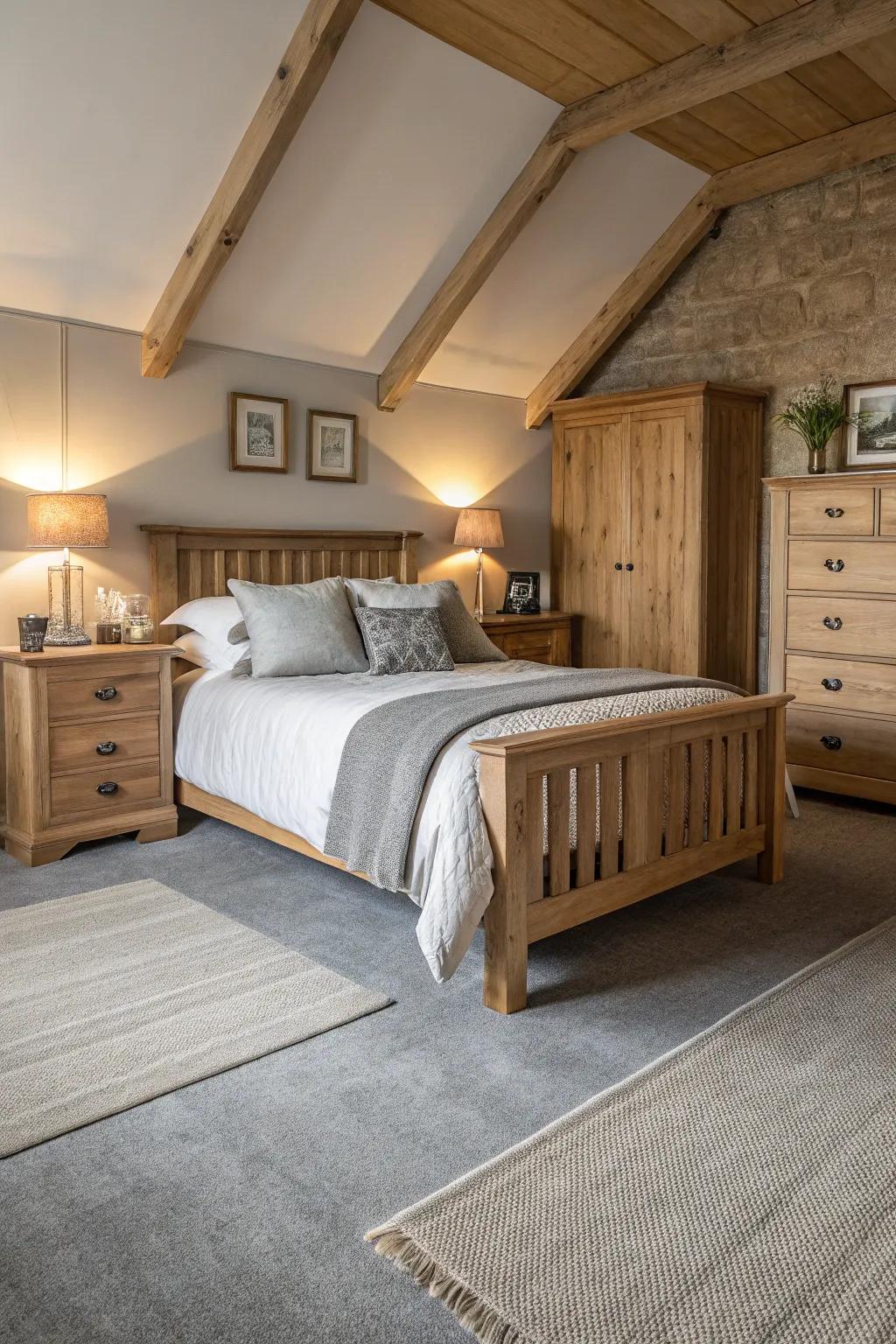 Natural elements harmonize perfectly with the grey carpet, fostering a calm atmosphere.