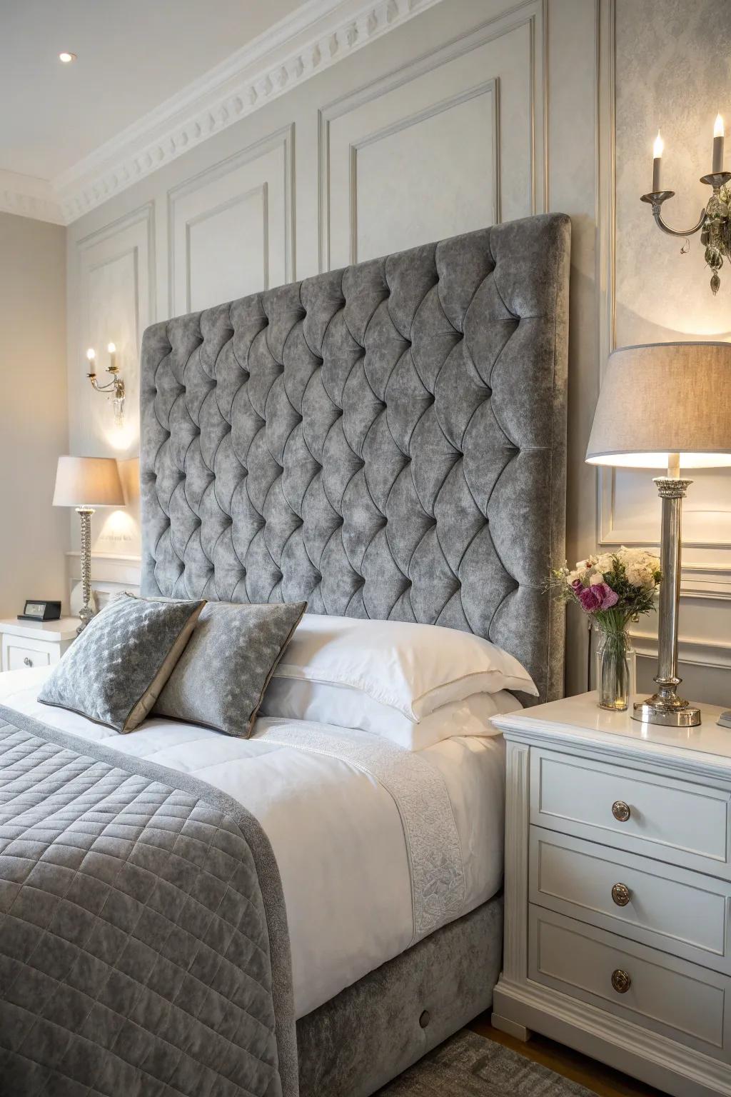 A sophisticated bedroom featuring a grey velvet tufted headboard.