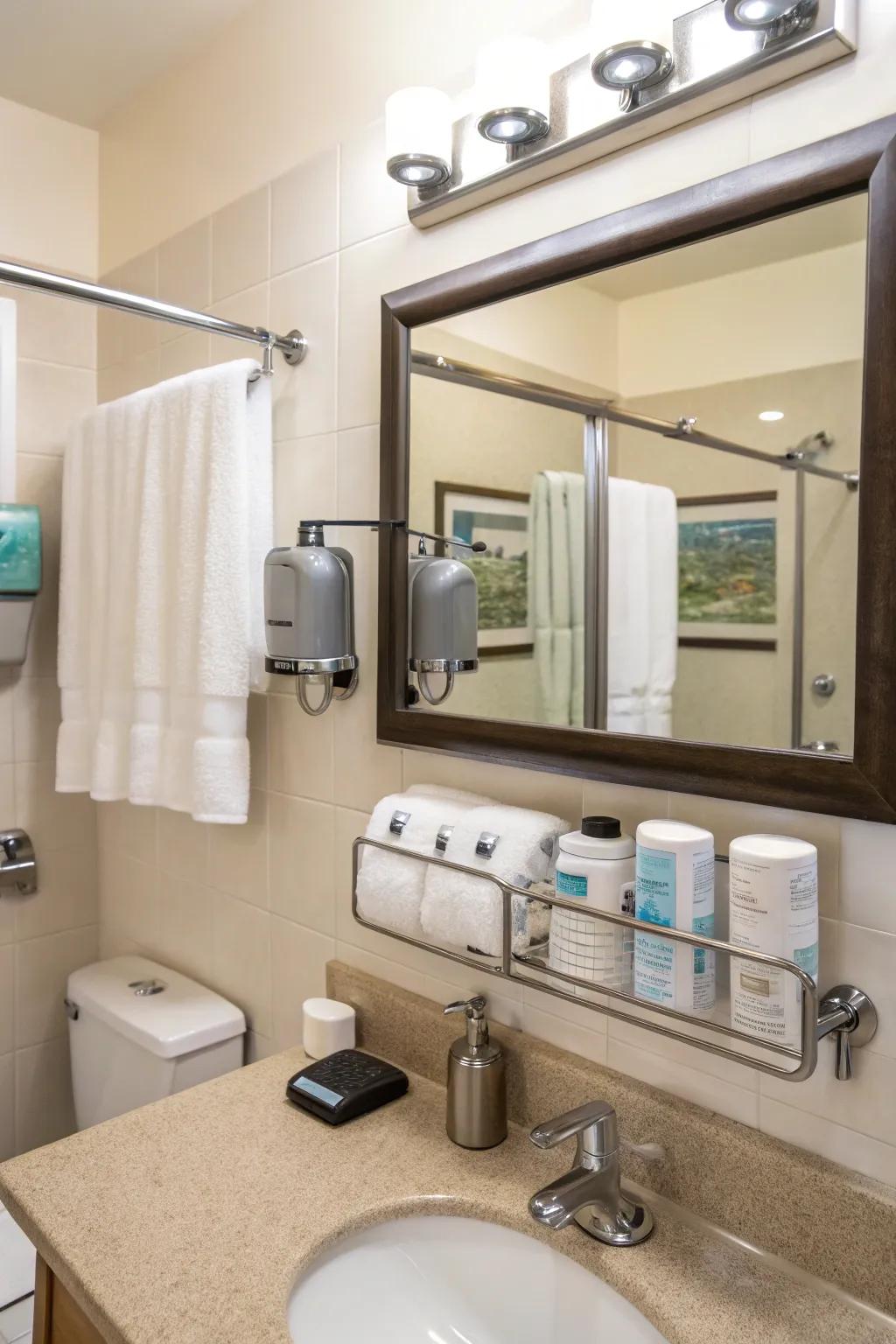 A guest bathroom equipped with functional accessories, blending practicality and style.