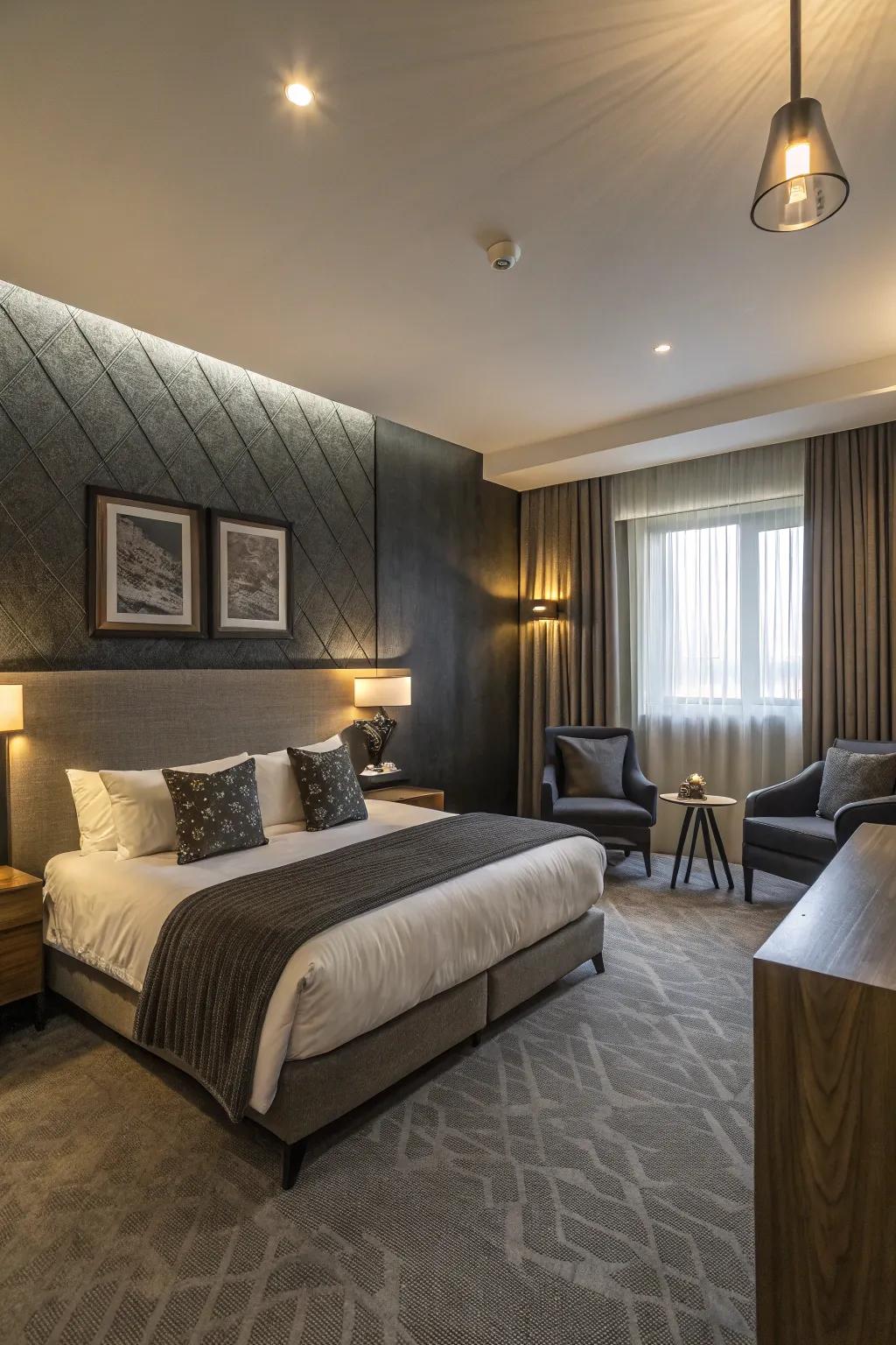 A stylish guest room featuring striking graphite contrasts.