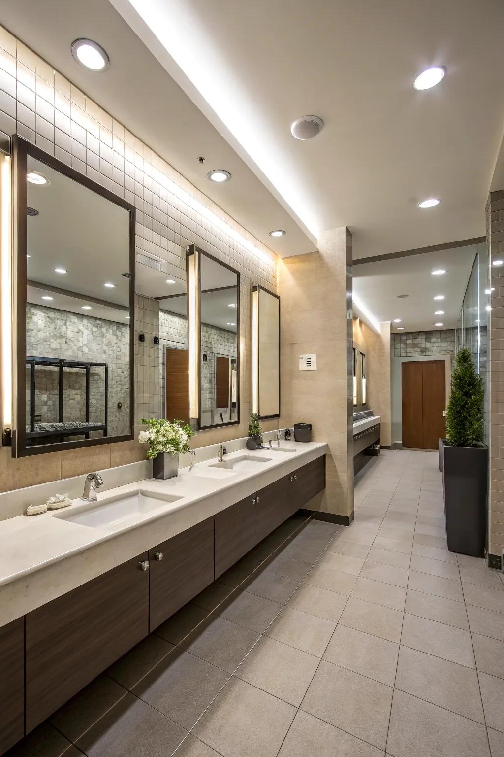 Reflectors and illumination heighten the perception of space within a hall bathroom.