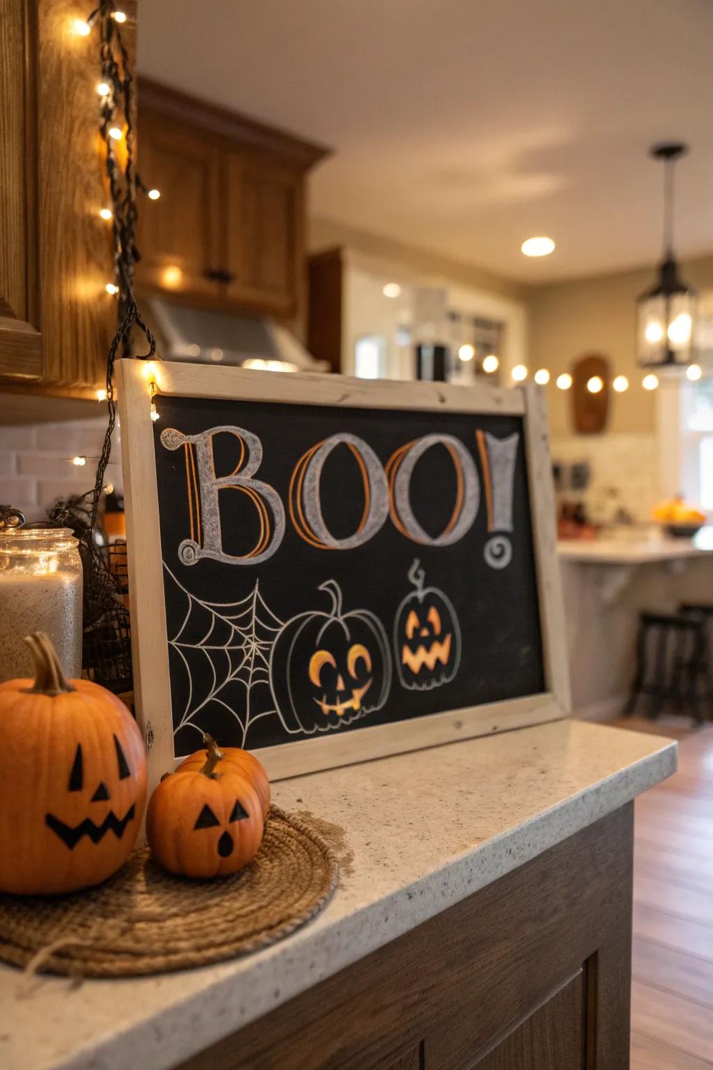 A playful sign adding humor to Halloween decor.