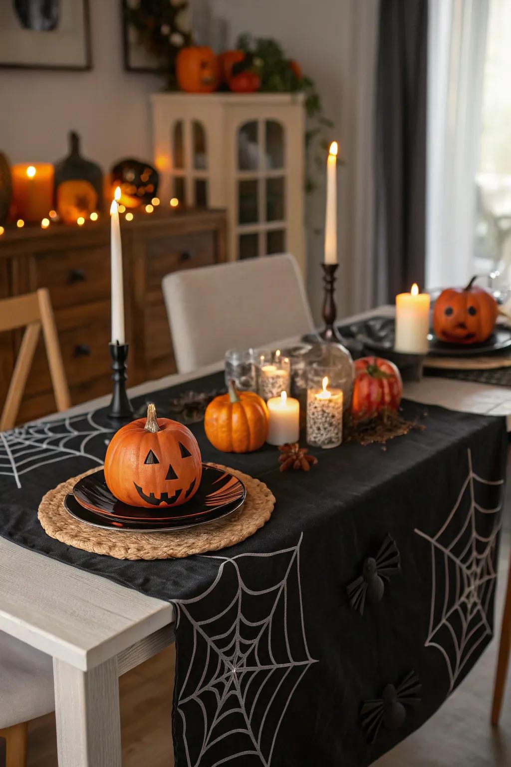 A vinyl table runner contributes a spectral element to dinner revelries.