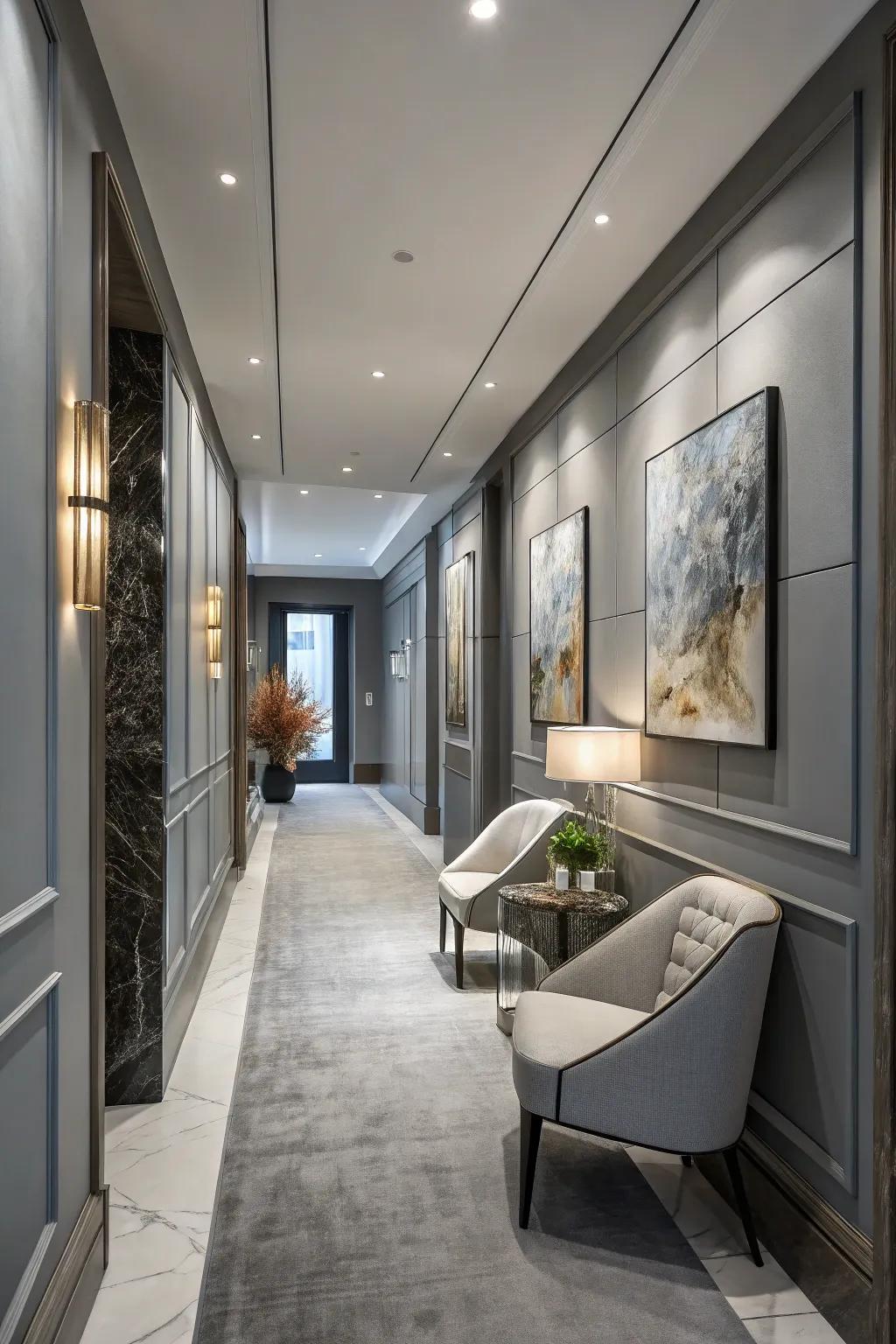Chill-toned grey provides a chic and adaptable foundation for hallways.