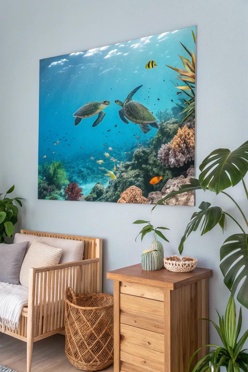 A visual featuring island sea turtles in a nature-inspired space.