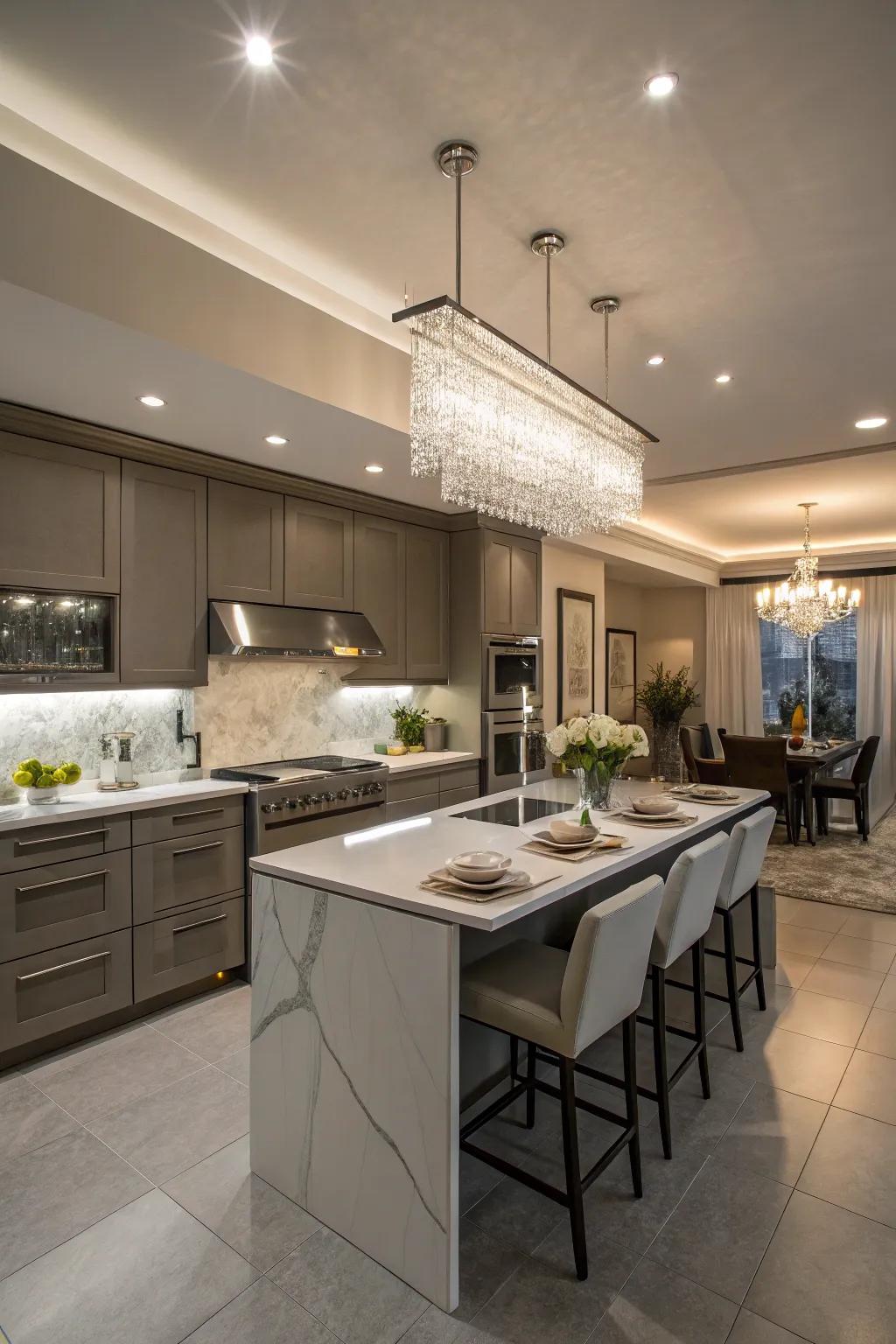 Modern lighting highlights the kitchen’s best features while preserving its elegance.