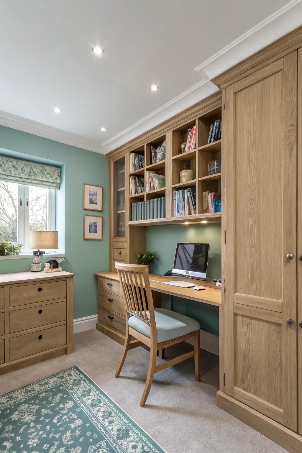 Sea green partitions fashion a peaceful and invigorating ambiance in this personal office.