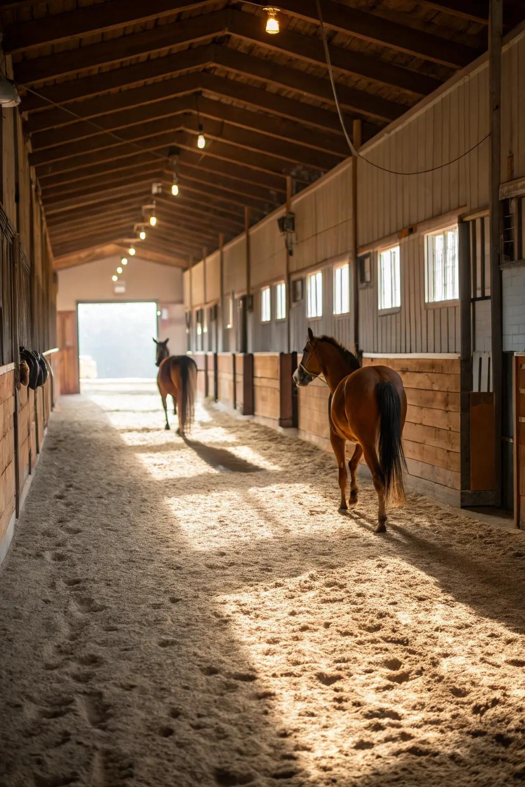 Sand flooring offers a natural and budget-friendly option for barn walkways.
