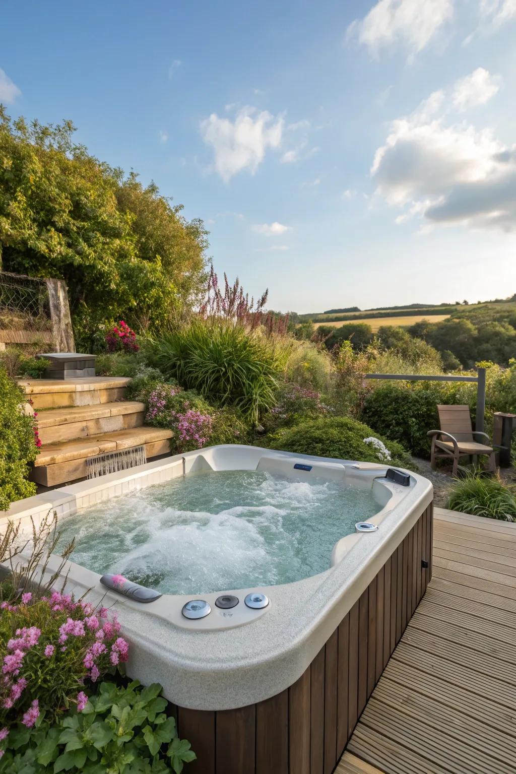 A waterfall enhances the tranquil atmosphere of the <strong><em>hot tub</em></strong> area.” loading=”lazy” class=”pimg”>
	</picture><figcaption>A waterfall enhances the tranquil atmosphere of the <strong><em>hot tub</em></strong> area.</figcaption></figure>
<p>A small waterfall element can inject a peaceful, spa-like sensation into your <strong><em>hot tub</em></strong> area. In my backyard, the delicate sound of flowing water is the ideal backdrop for unwinding.</p>
<h3>A few suggestions:</h3>
<ul class=