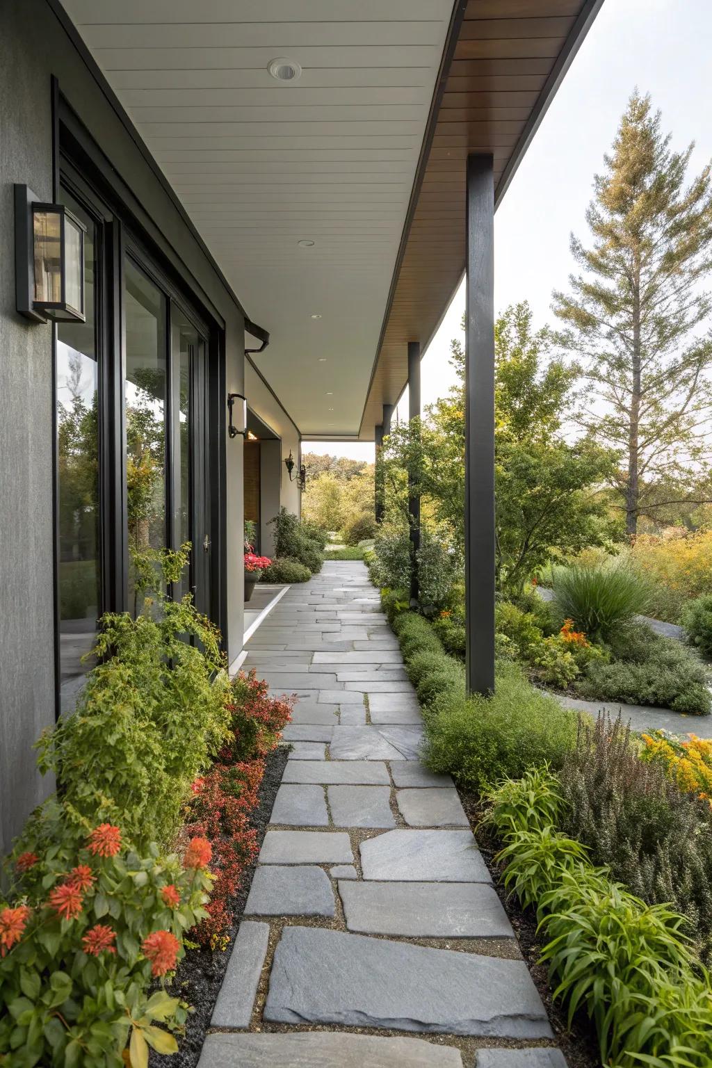 An inviting walkway lined with greenery leads to this modern porch.