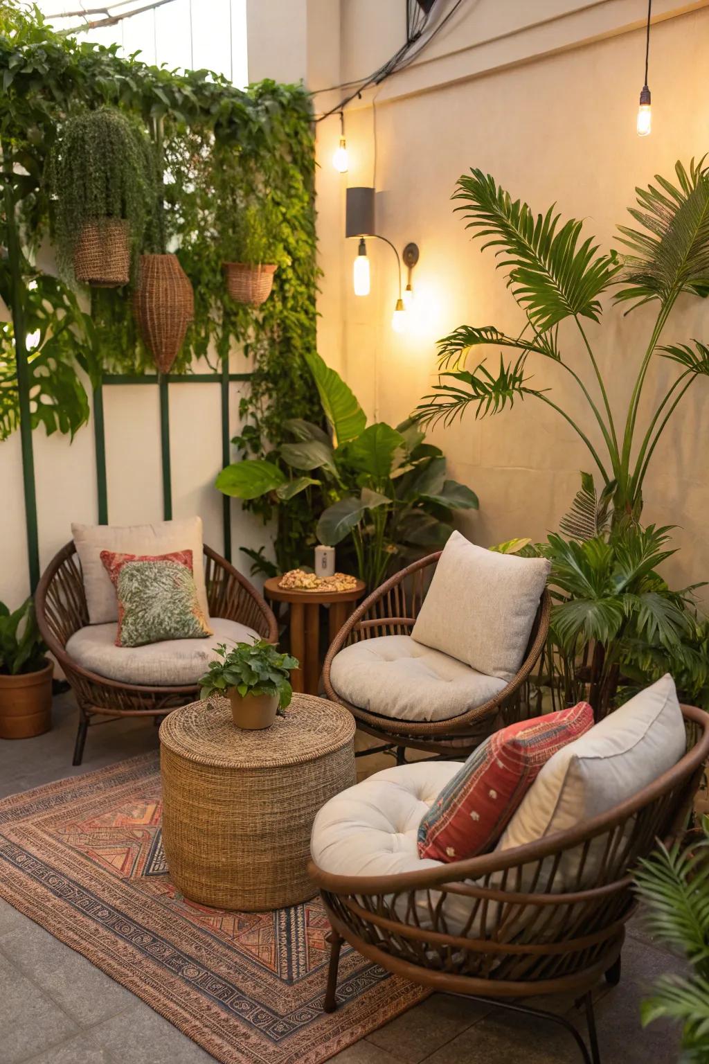 Design snug nooks with plush cushions and greenery for a welcoming vibe.