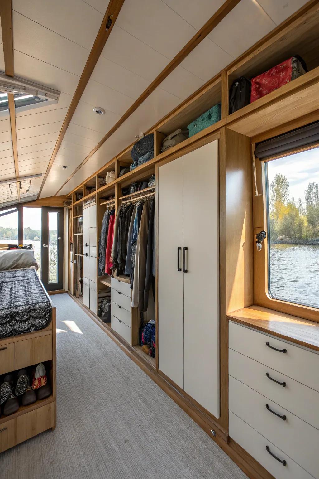 The kitchen of this houseboat makes the most of vertical storage.