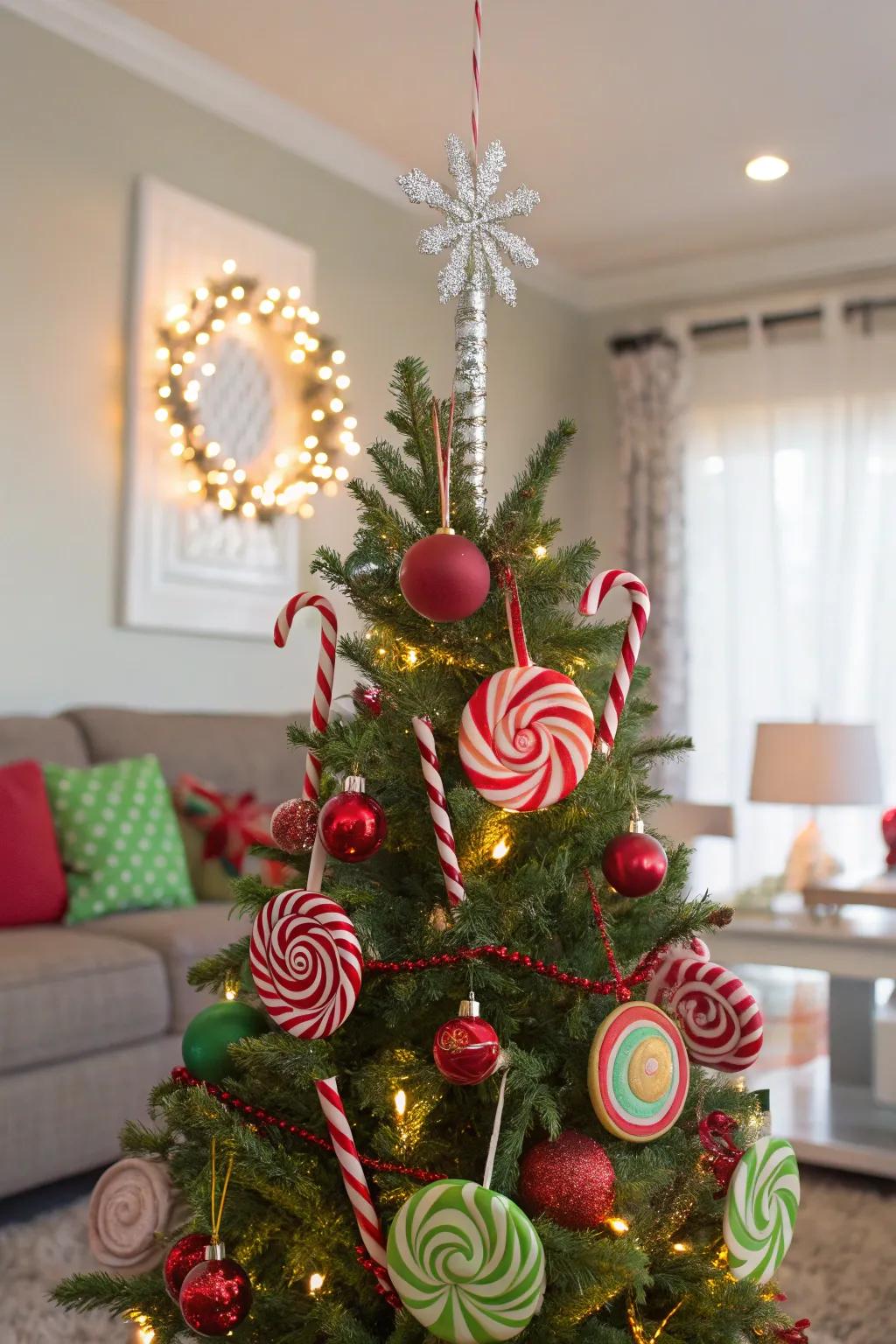 A playful candy land Christmas tree adorned with sweet decorations.