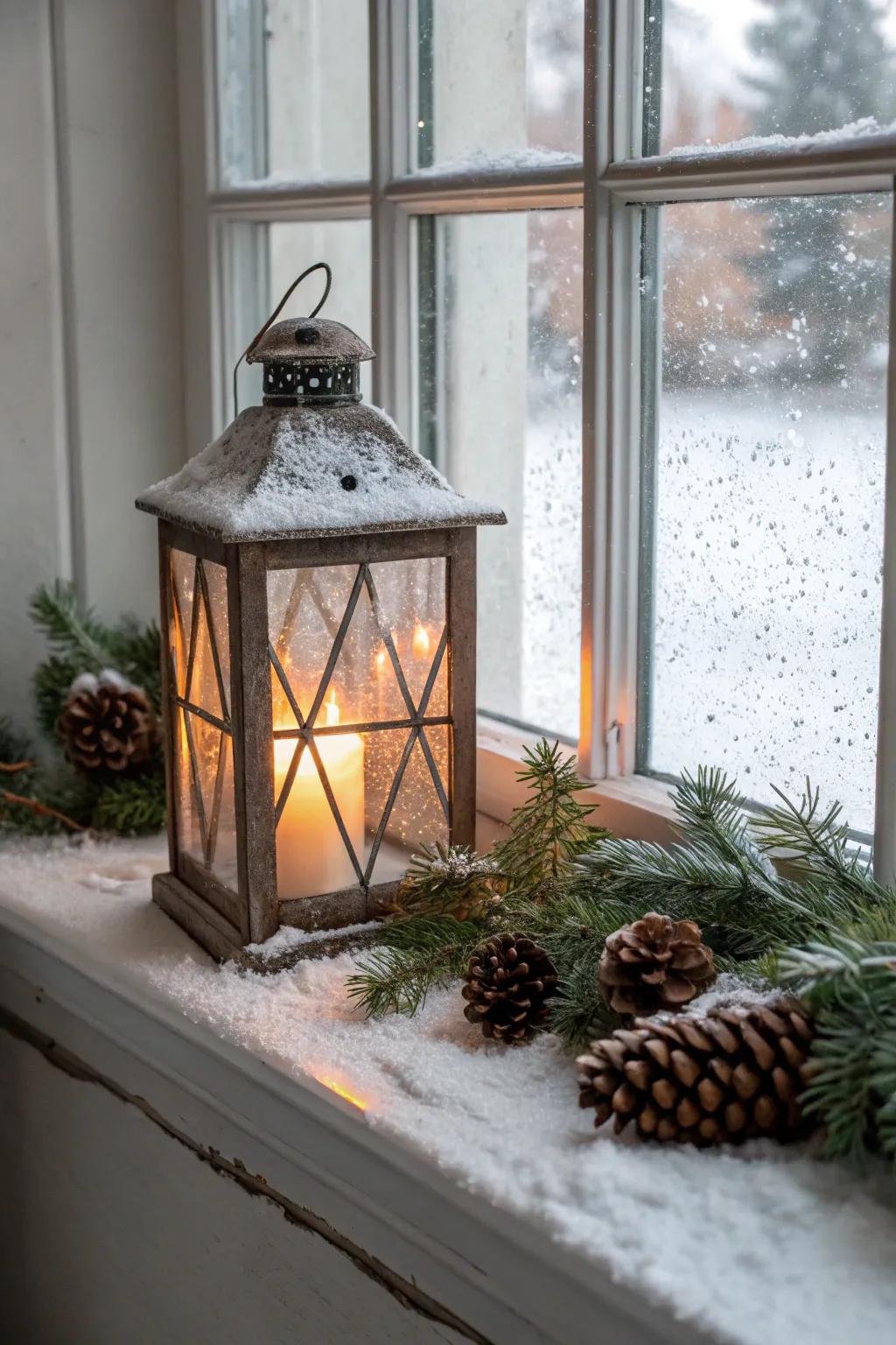 Enchanting winter wonderland lantern adorned with seasonal foliage.