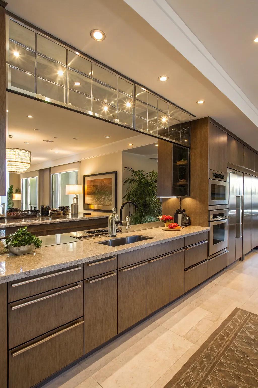 Mirrored backsplashes are perfect for enlarging and brightening kitchens.