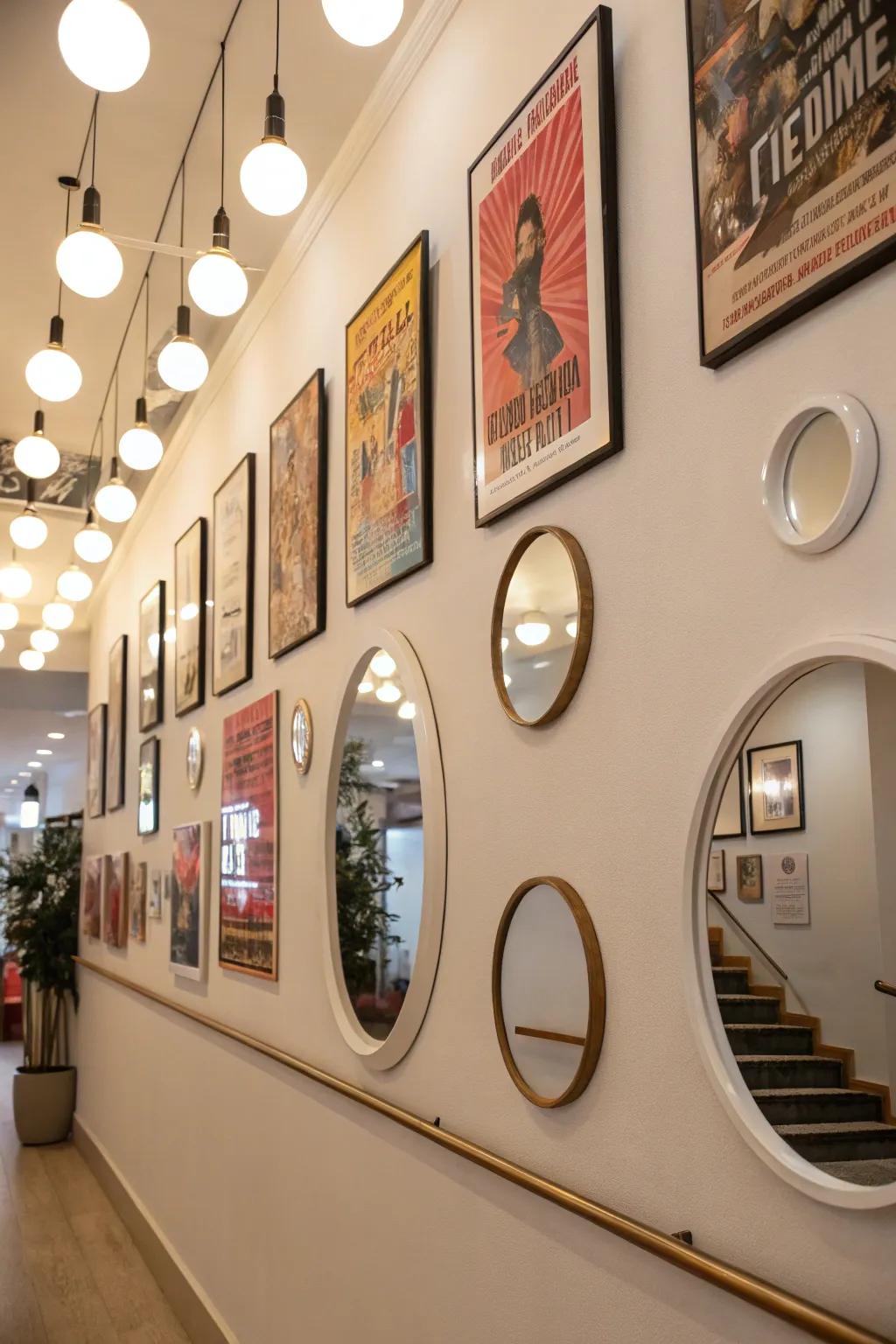 Mirrors interspersed with posters add sophistication and space.