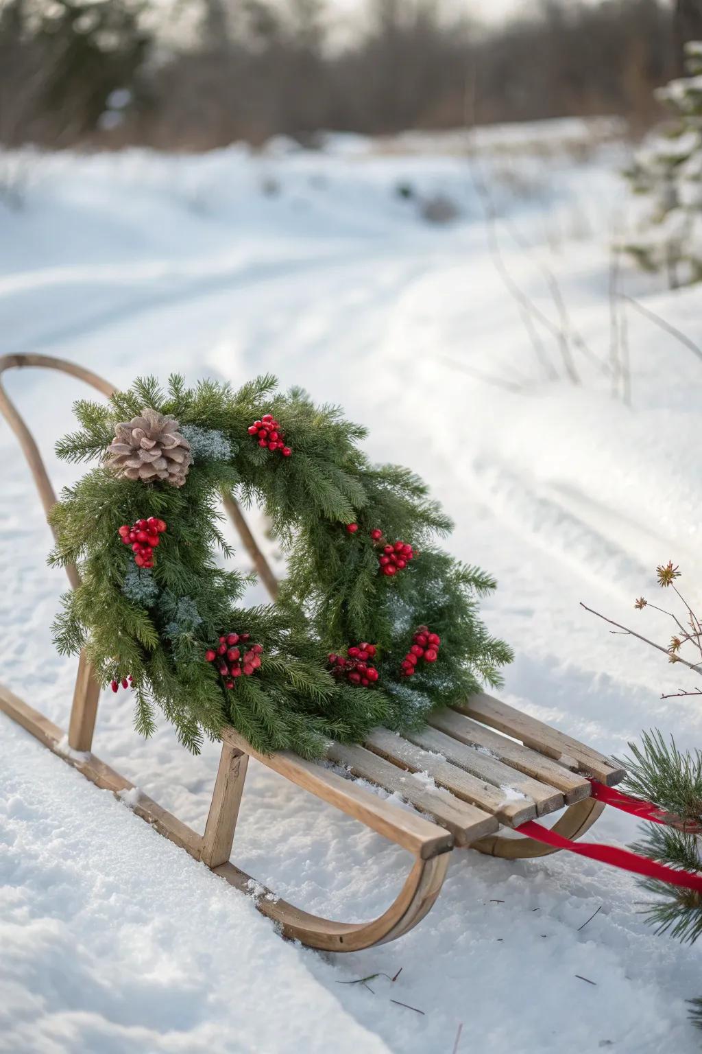 A festive sled showcasing a decorative floral ring