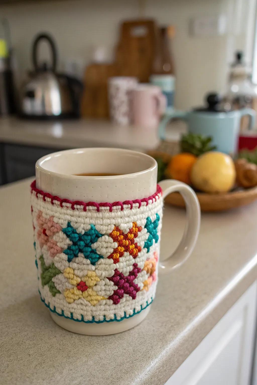 Cross-stitch cup wraps add a cozy touch to your kitchenware.