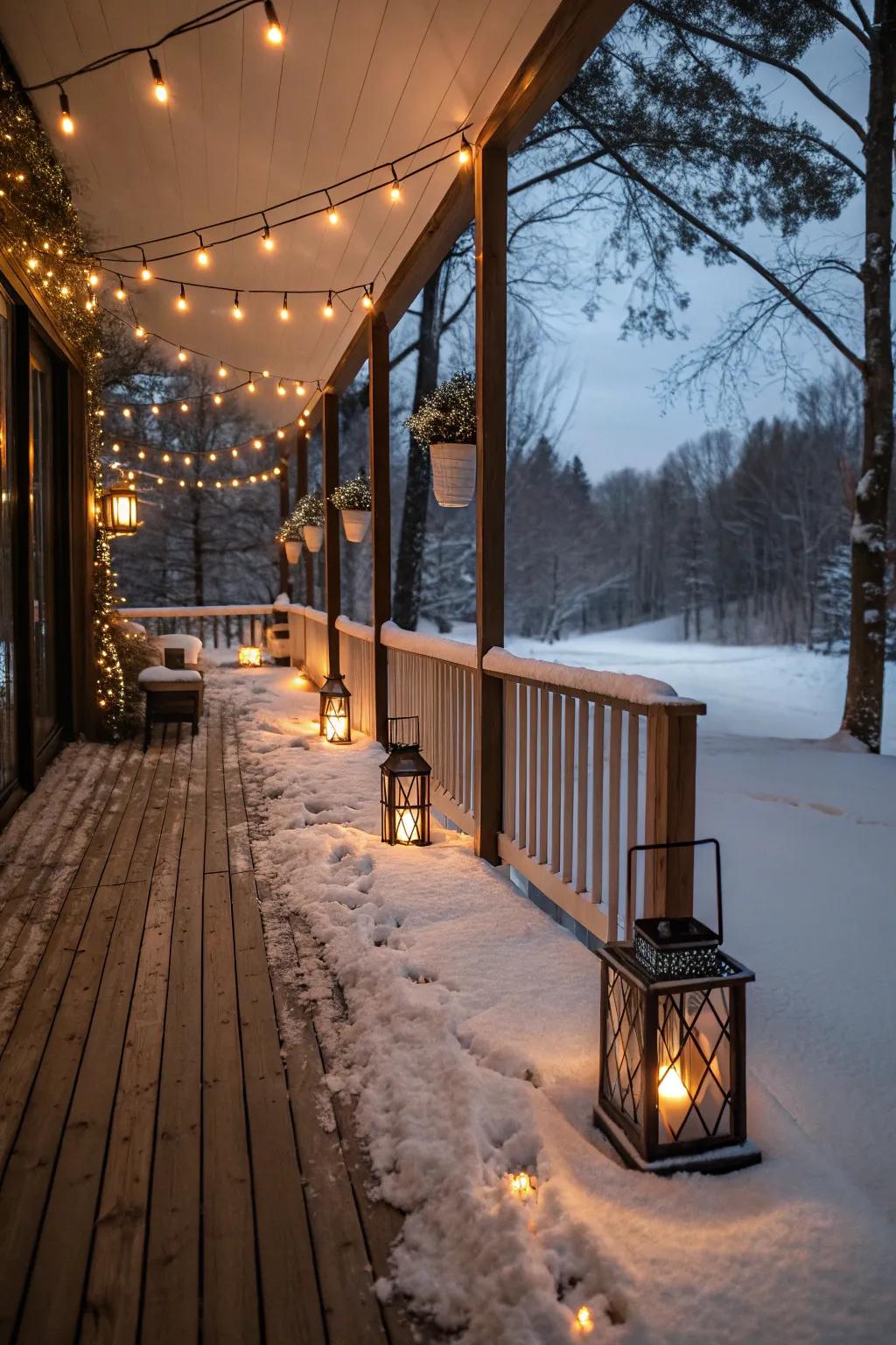 Ornamental lighting brings warmth and appeal to your winter deck.