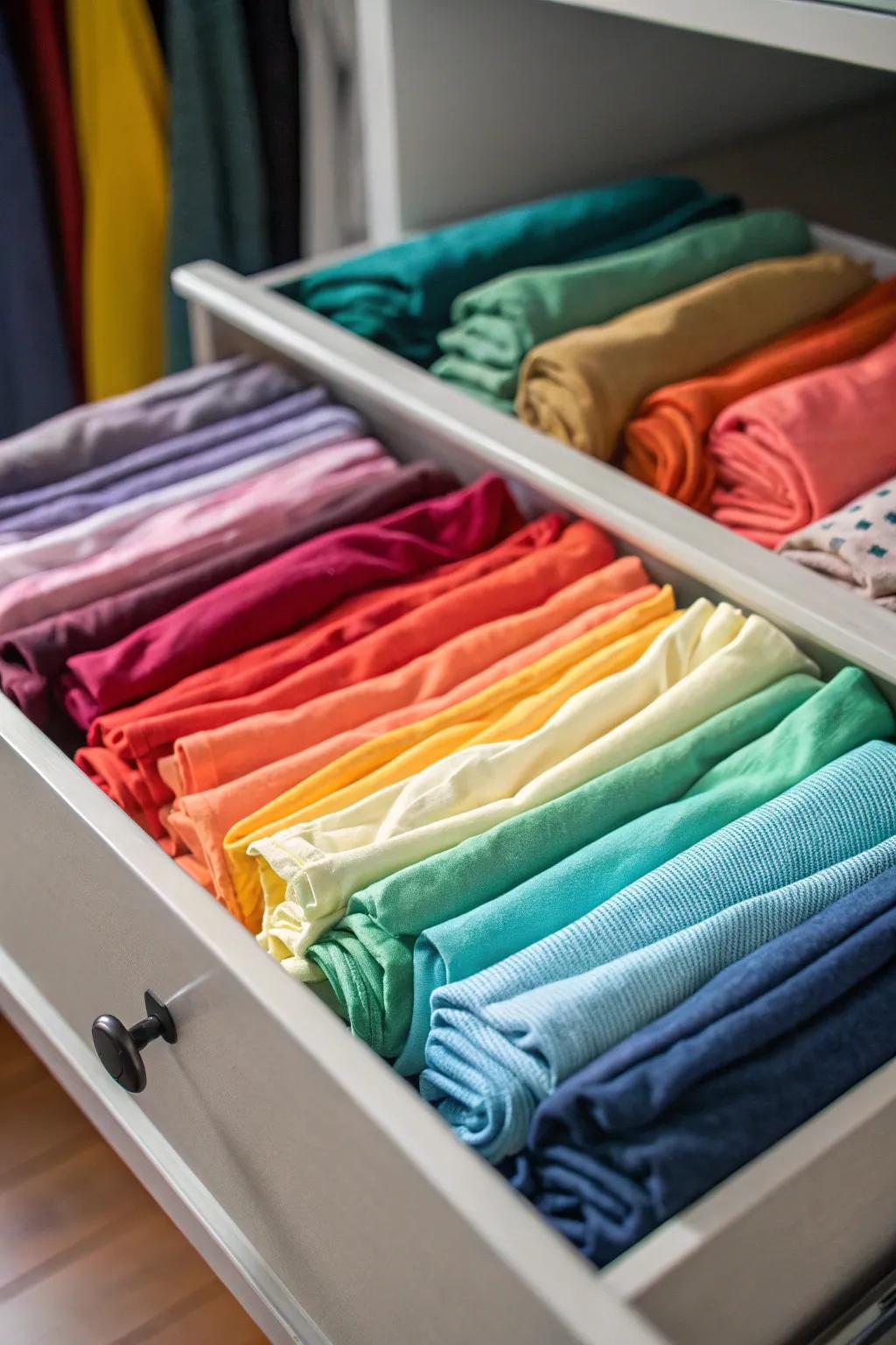 Visually pleasing clothing arrangement for a functional drawer.