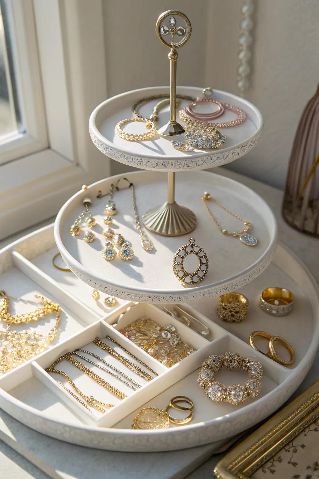 Layered platters provide elegant jewelry storage solutions.