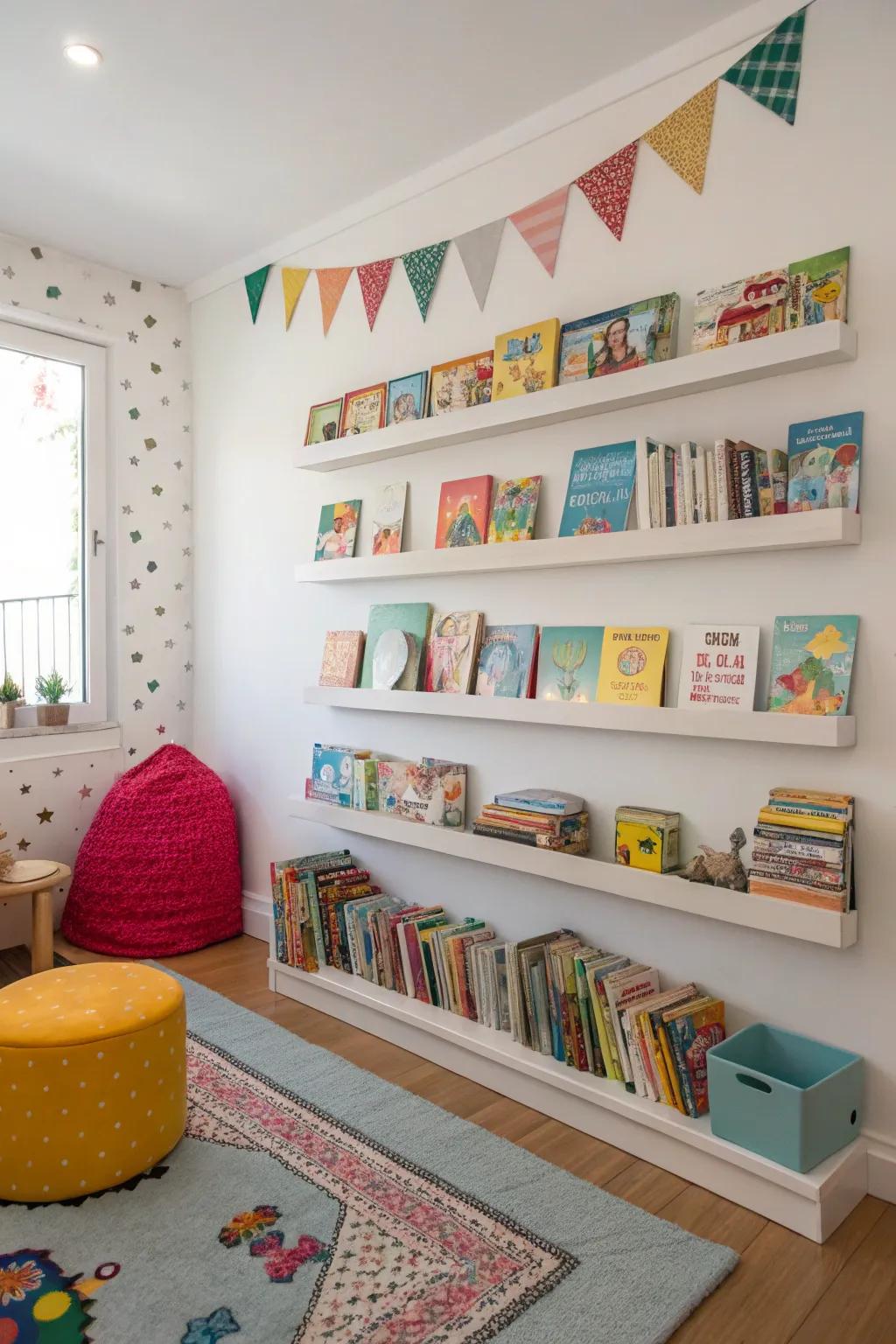 Wall-mounted bookshelves give you back floor space and inspire reading.