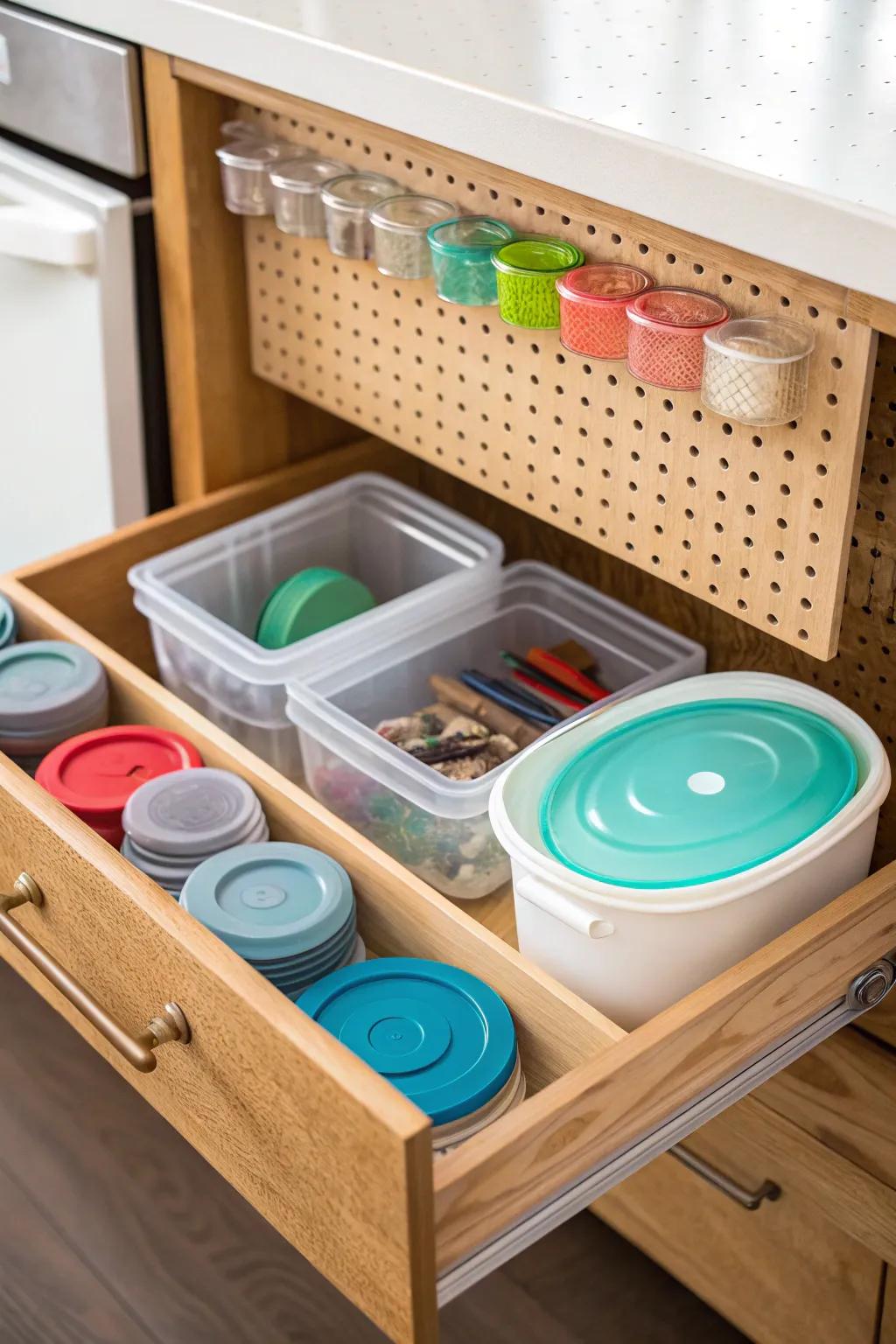 A drawer equipped with a pegboard, ensuring plastic containers stay neatly organized.