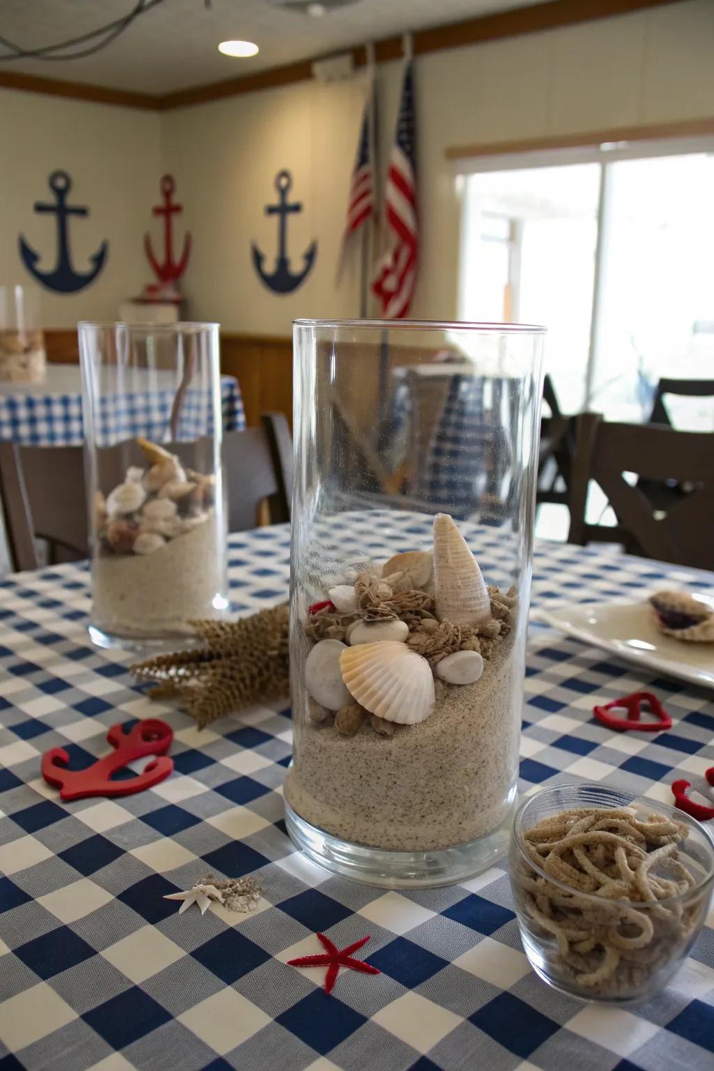 Fine sand and shells within vases, calling to mind a seaside-inspired centerpiece.