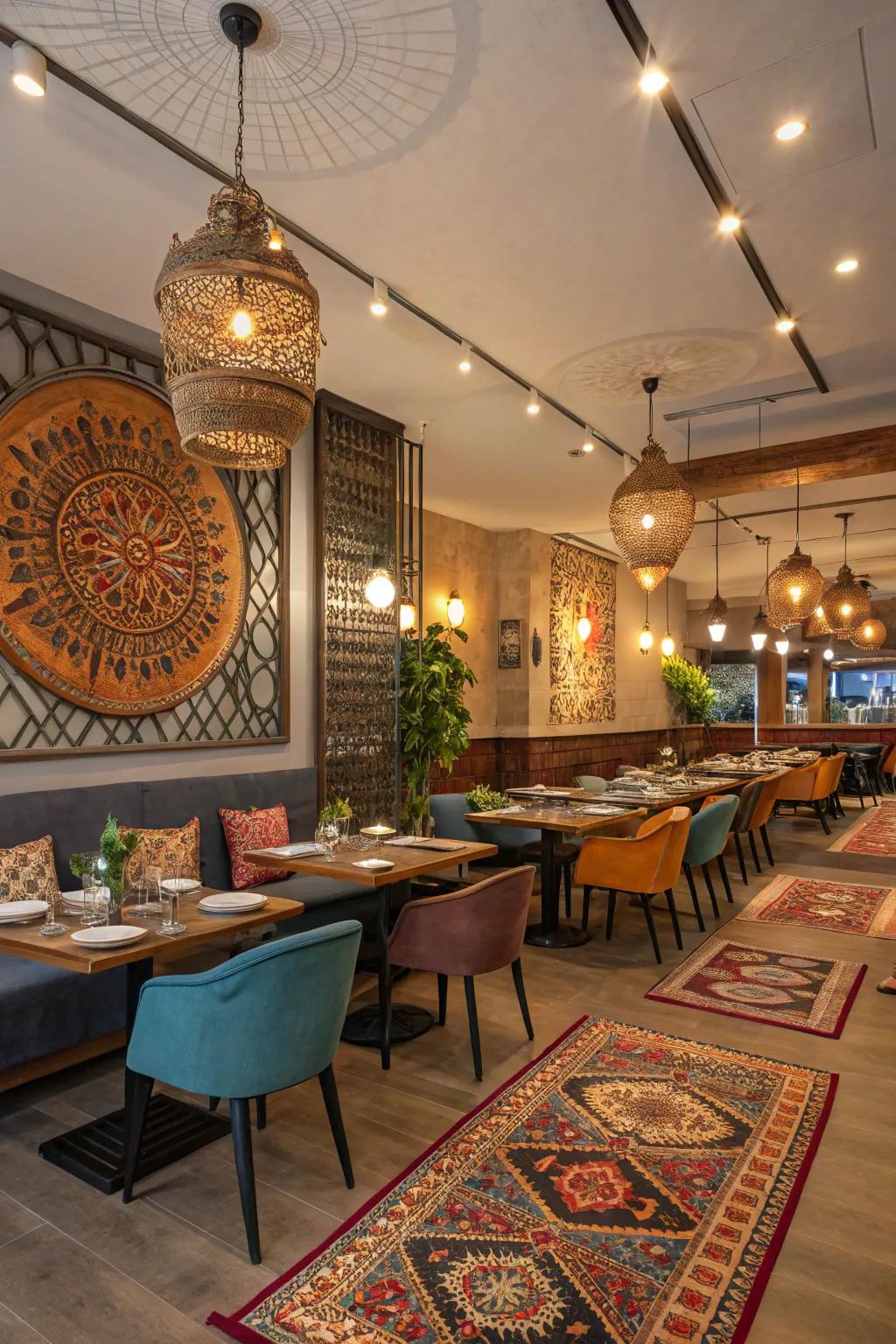 An Indian restaurant showcasing a blend of modern and traditional design elements.