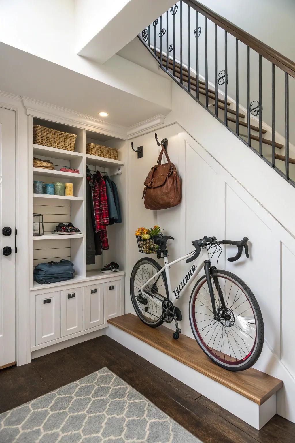 An under-stairs alcove makes smart utilization of area for bike storage.