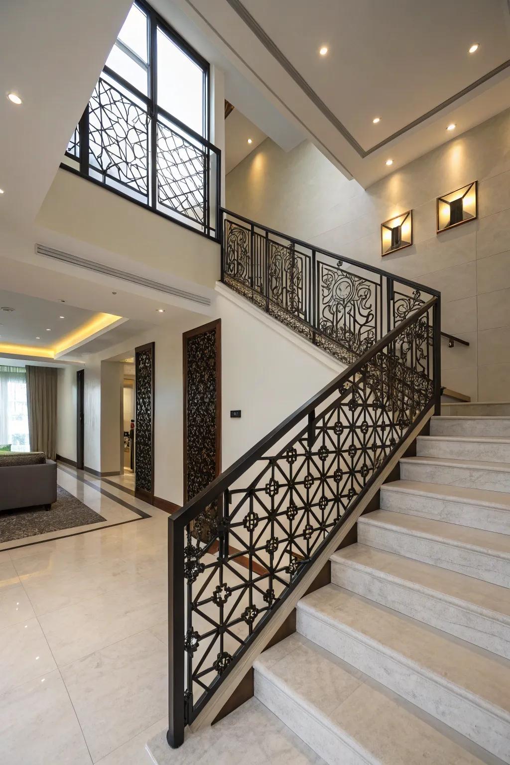 Geometric patterned railings create a striking design statement.