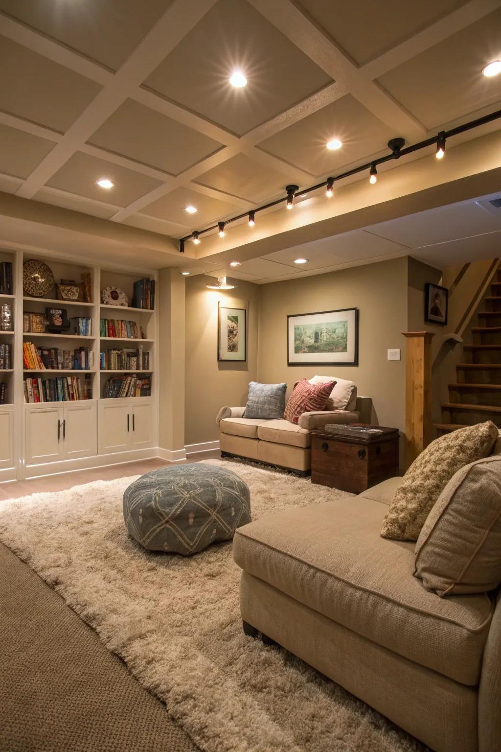 An inviting basement retreat illuminated with LED troffer lighting