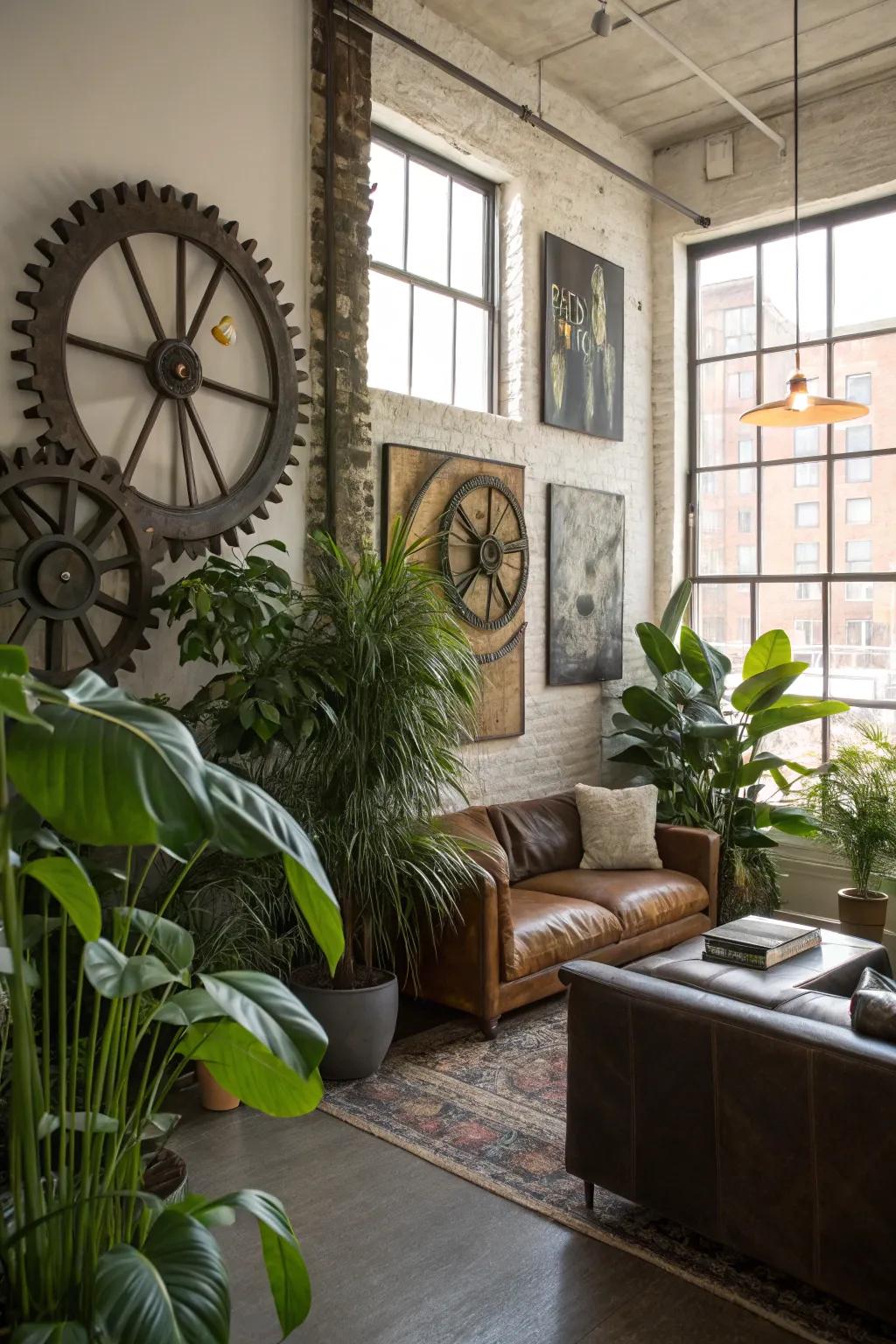 Accessories contribute warmth and personalization to any industrial-themed setting.