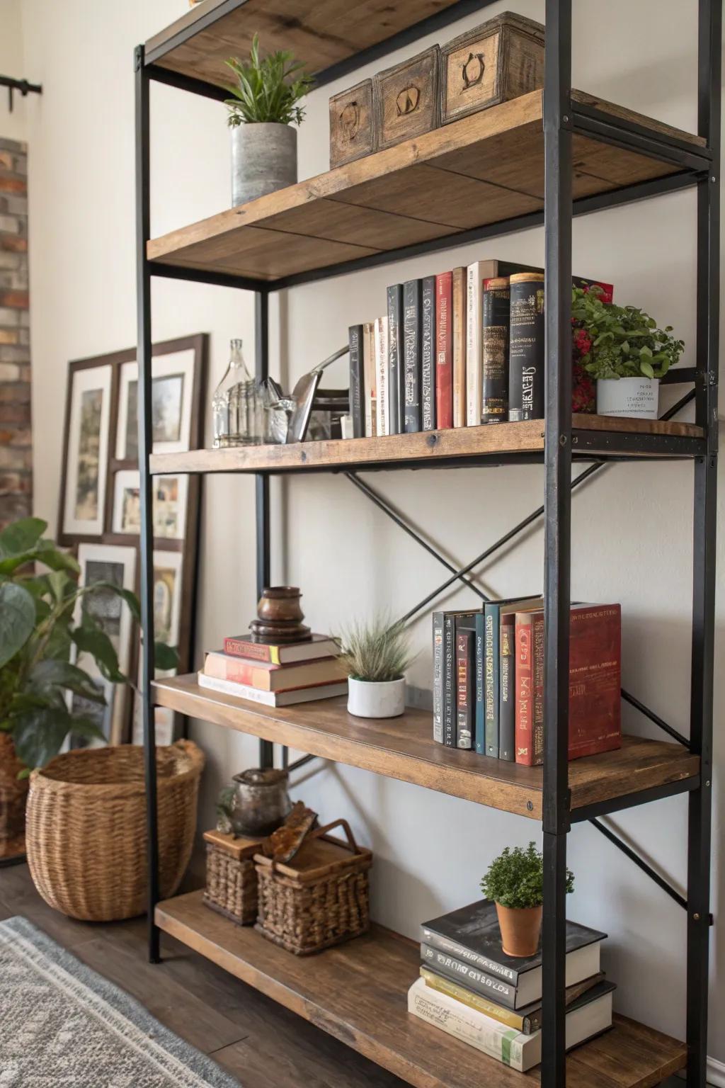 Open shelving provides accessible storage with industrial style.