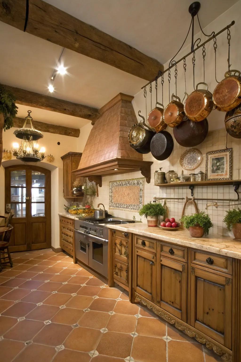 Practical decor like suspending pots introduces countryside charm.