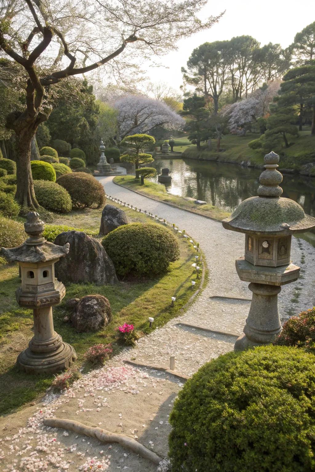 Stone sculptures and decorations in a Japanese garden.