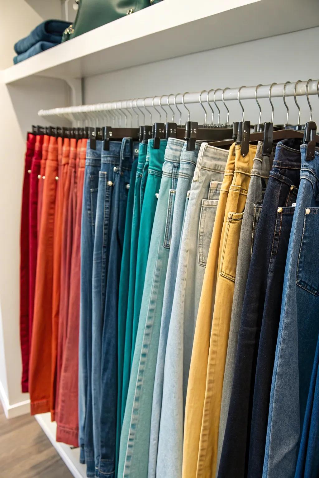 Coordinate jeans by color for visual appeal and organization.