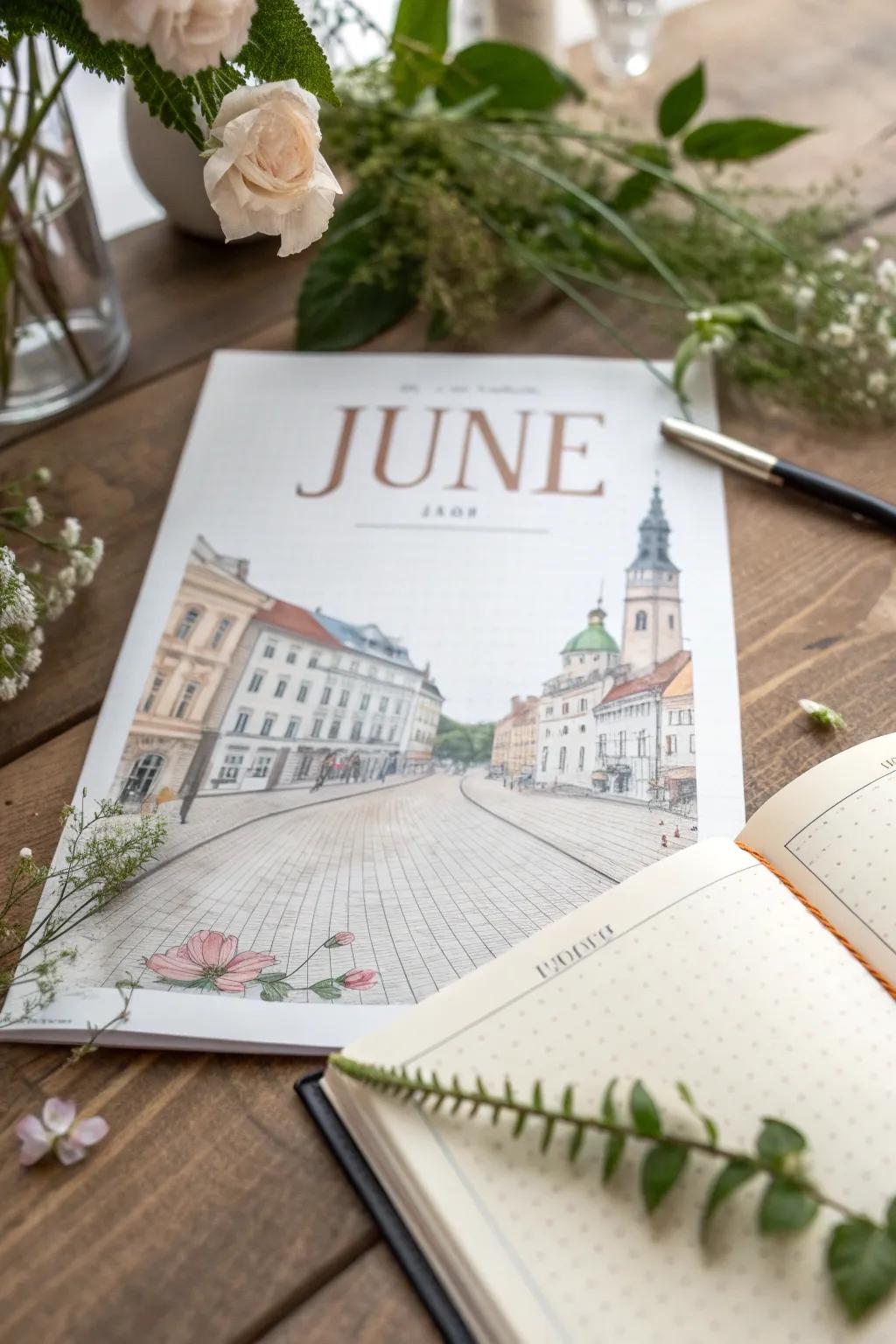 Travel through June with vintage appeal with this minimalist bullet journal cover inspired by timeless travel posters.