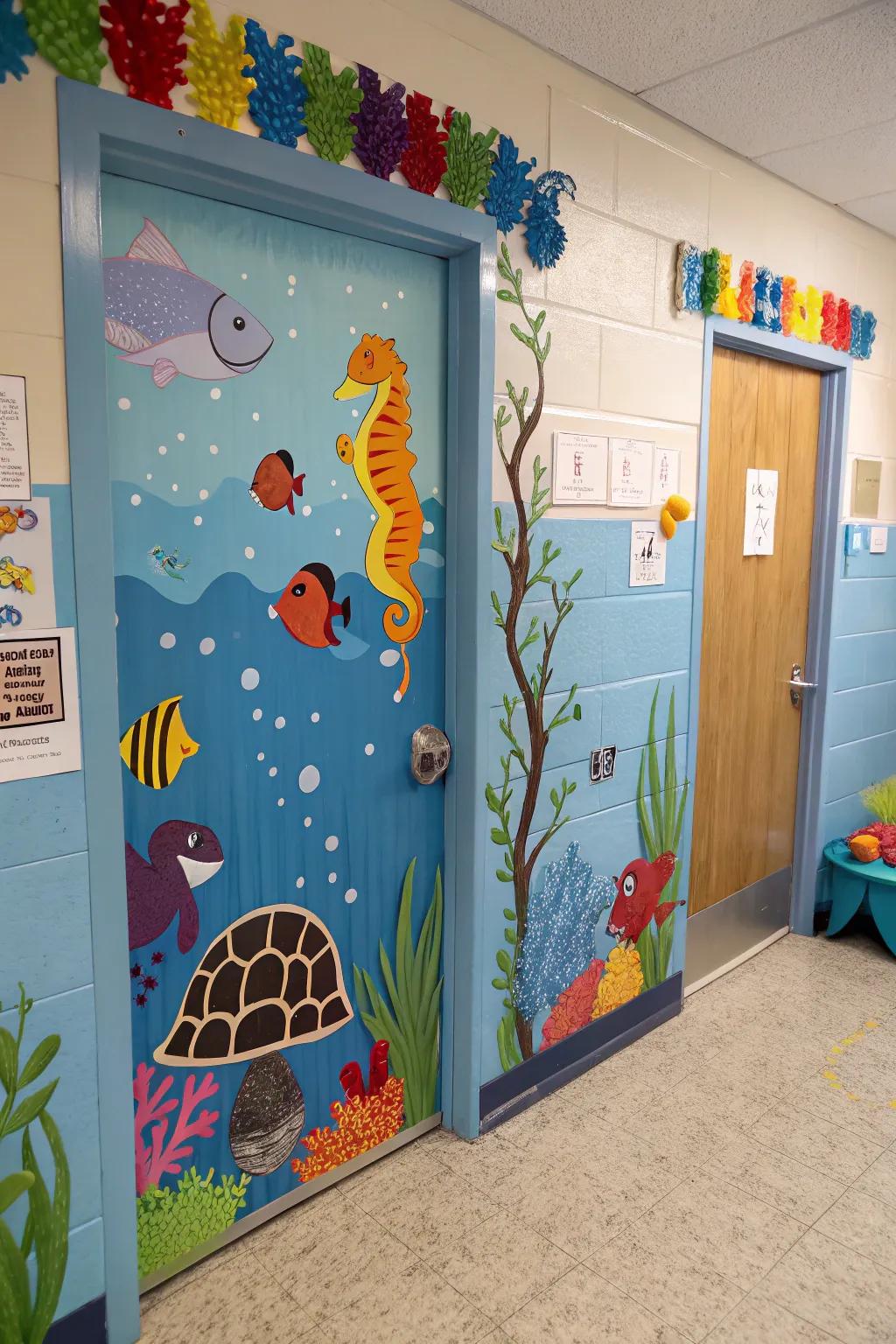 A kindergarten door adorned with an underwater scene featuring fish and sea creatures.