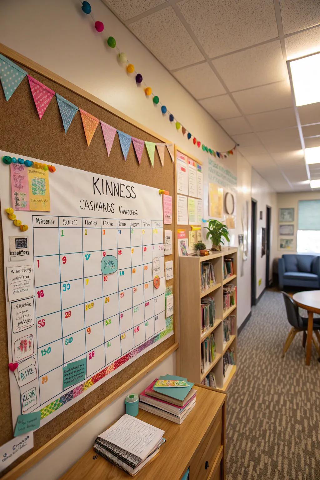 A study space features a kindness calendar, complete with daily prompts and cheerful decorations.